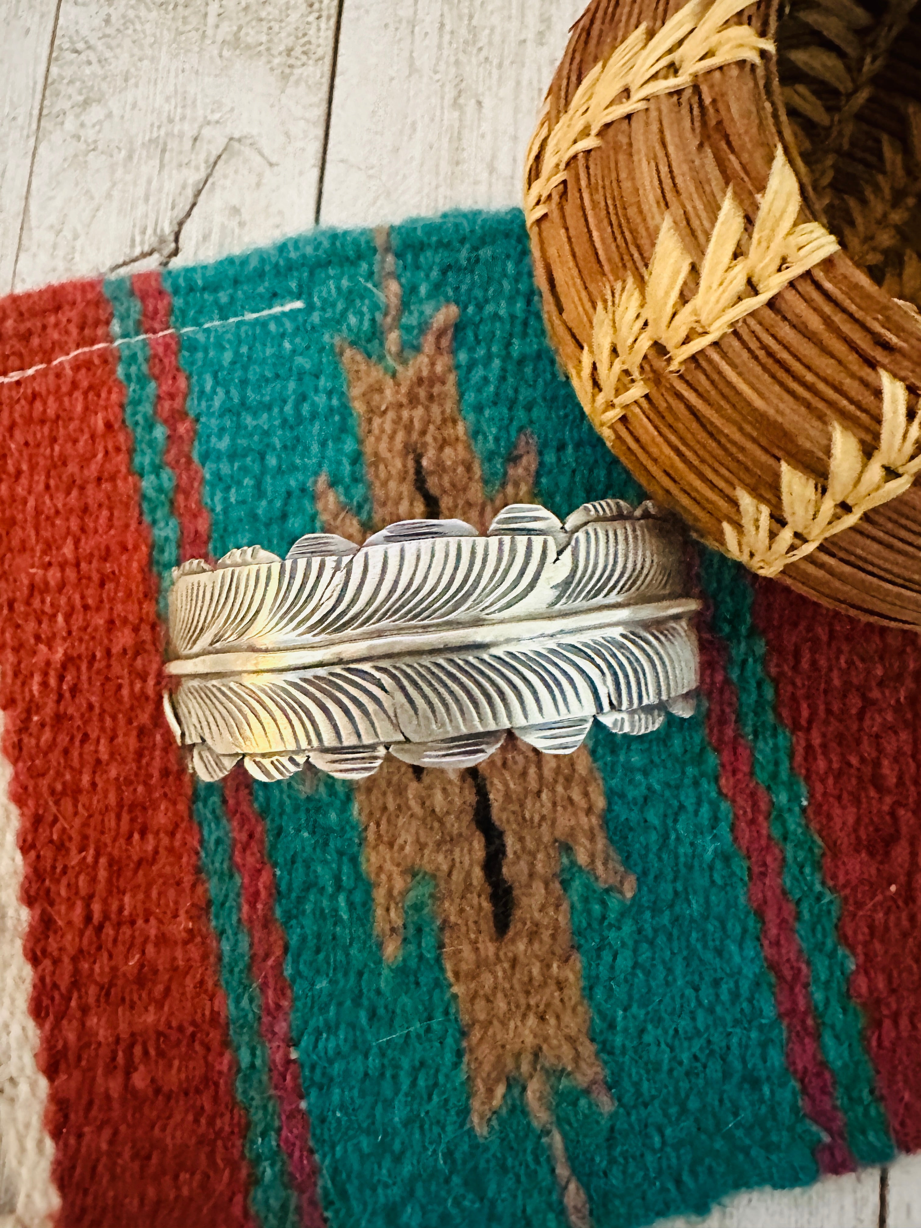 Navajo Hand Stamped Sterling Silver Feather Cuff Bracelet