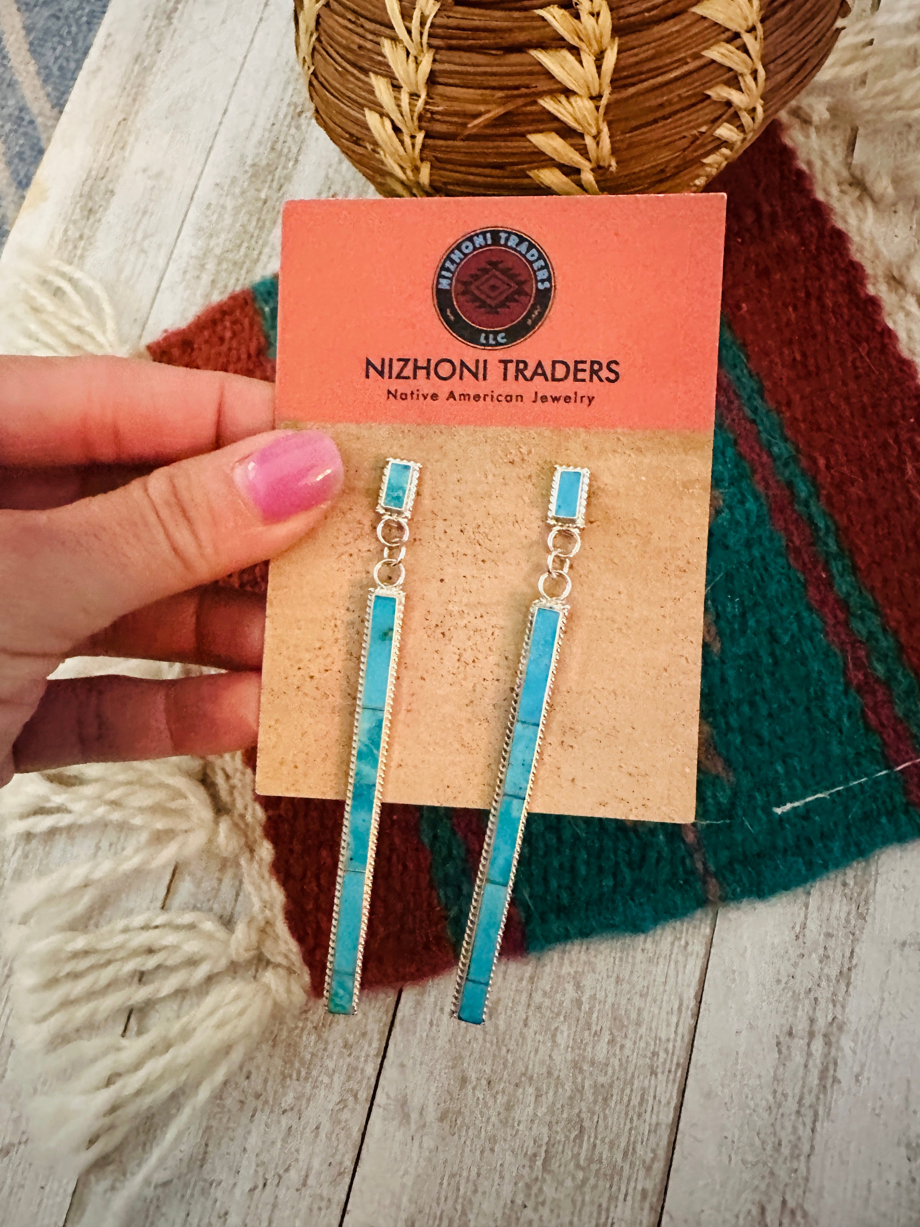 Navajo Turquoise & Sterling Silver Inlay Dangle Earrings