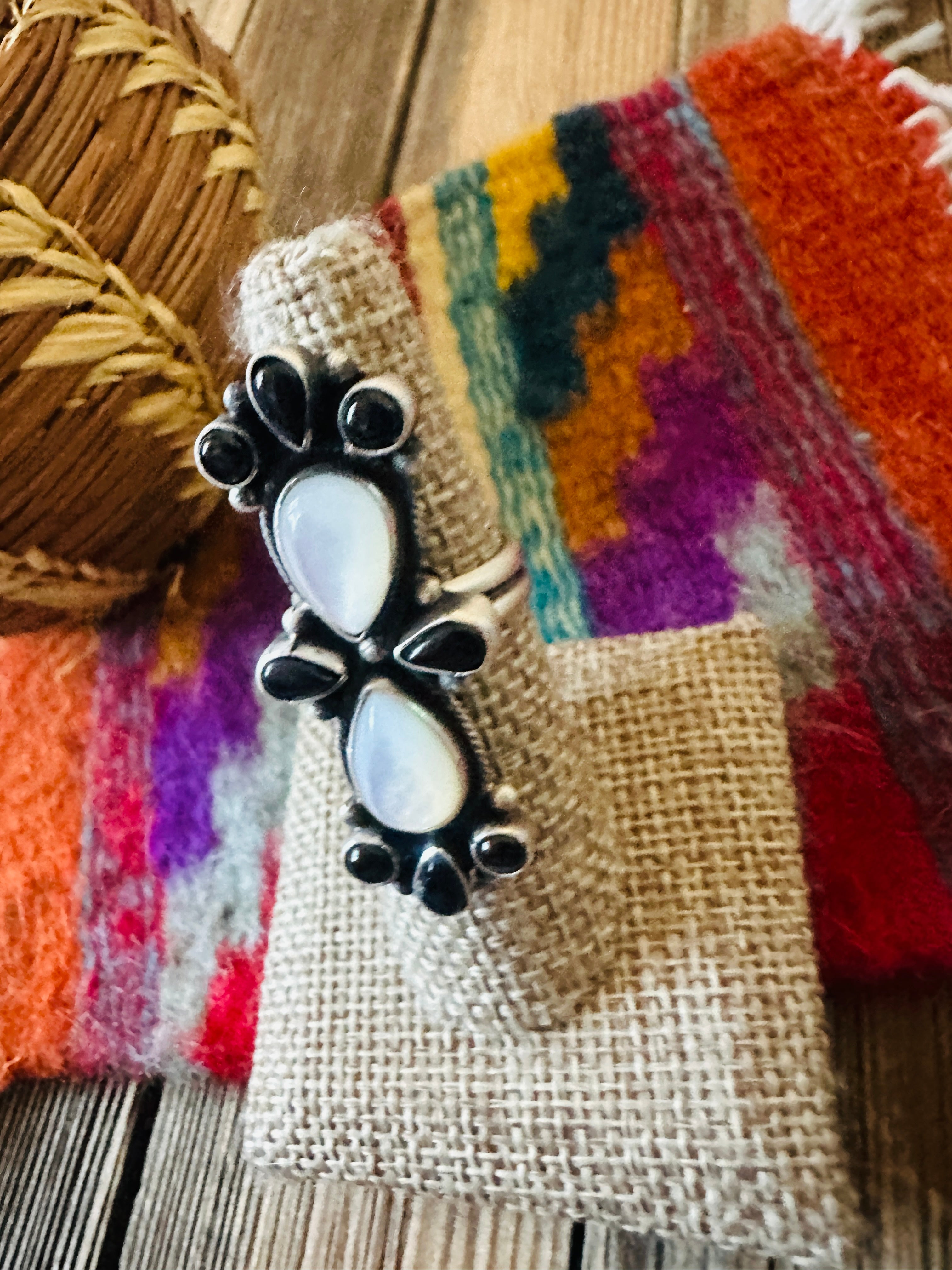 Handcrafted Onyx, Mother of Pearl & Sterling Silver Adjustable Ring by Sheila Becenti