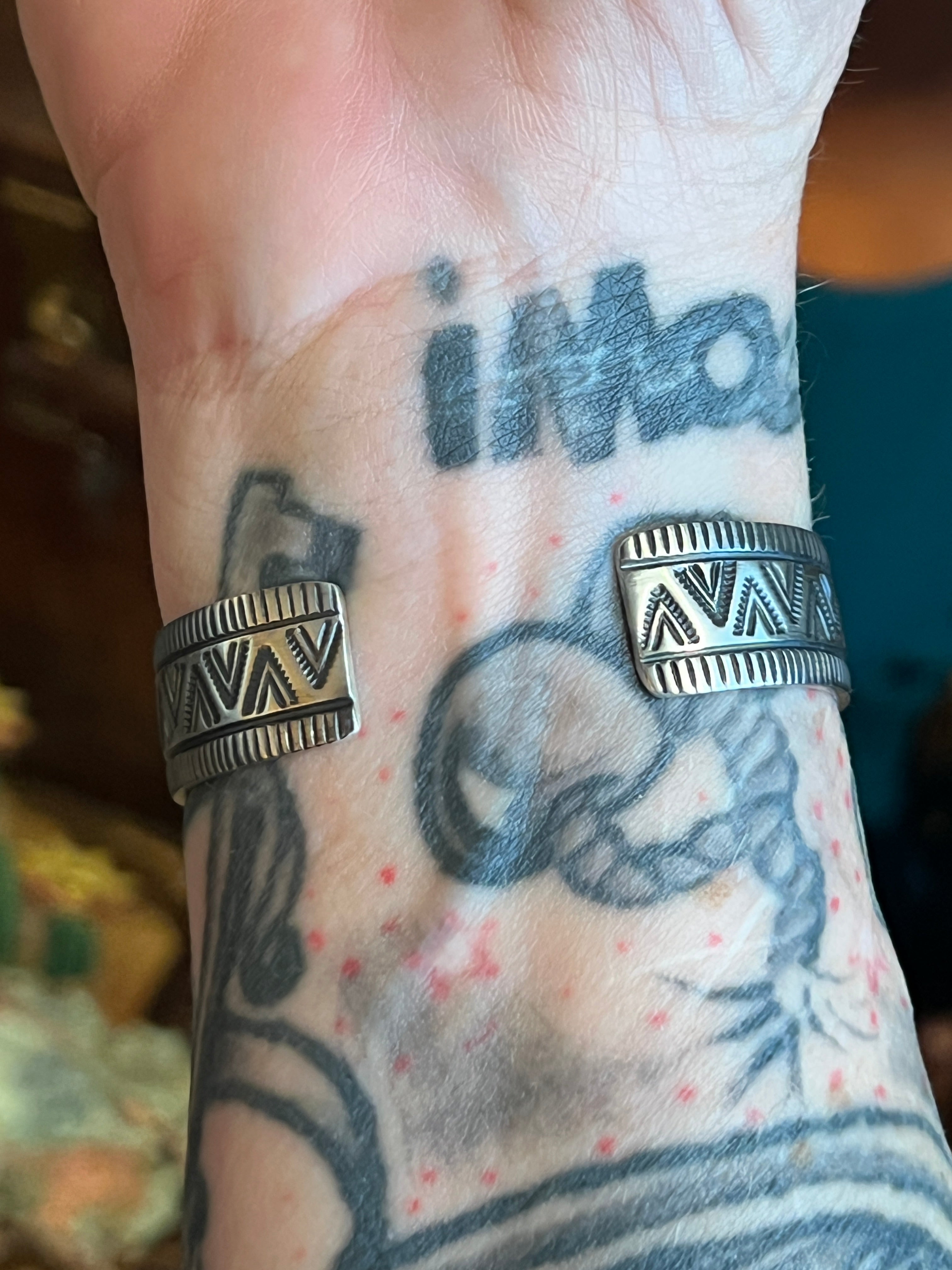 Handcrafted Hand Stamped Sterling Silver, Kingman Turquoise and Spiny Oyster Cross Cuff Bracelet by Bernyse Chavez