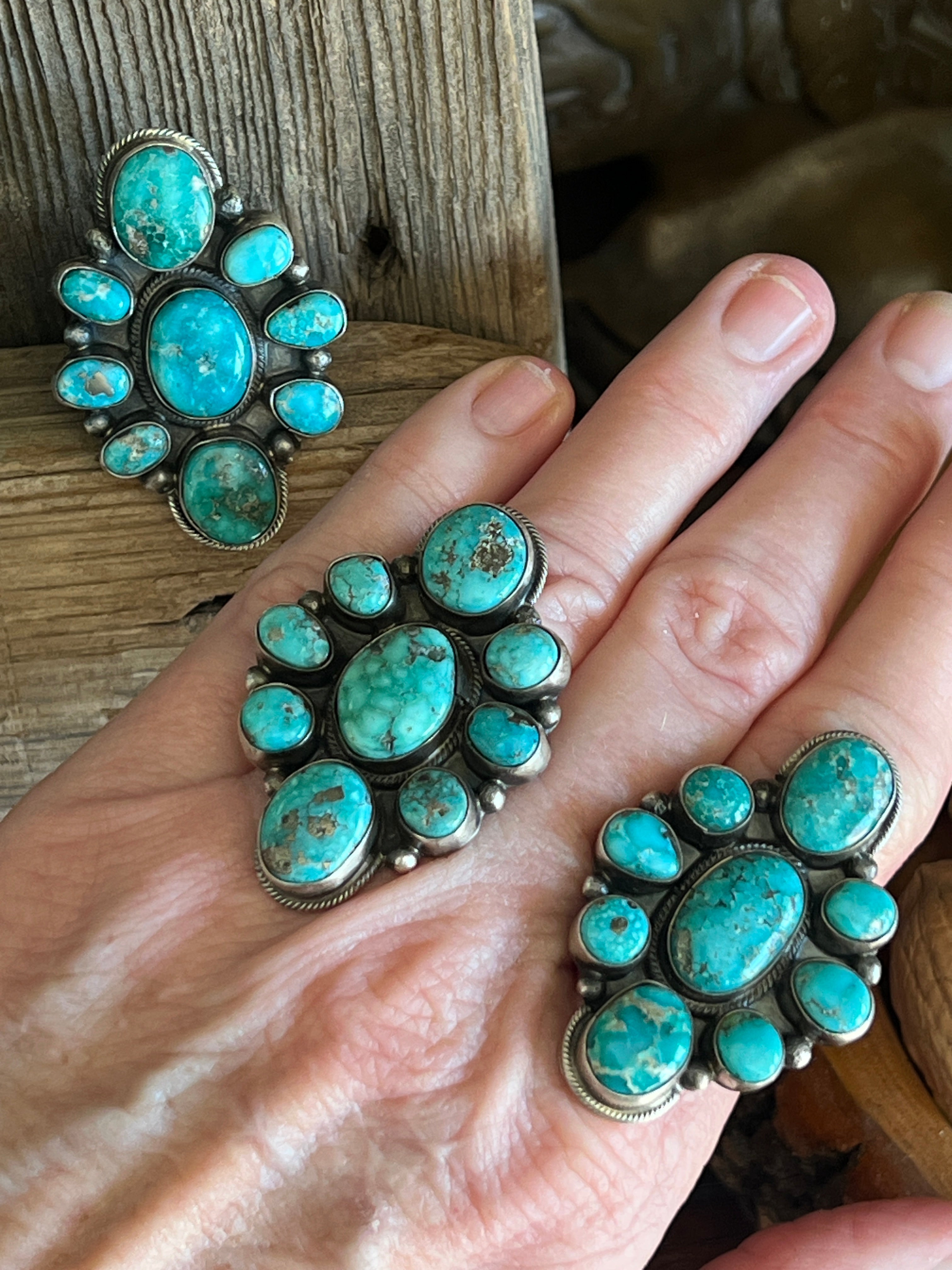 Handcrafted Sterling Silver and Natural Campitos Turquoise Cluster Rings by Sheila Becenti
