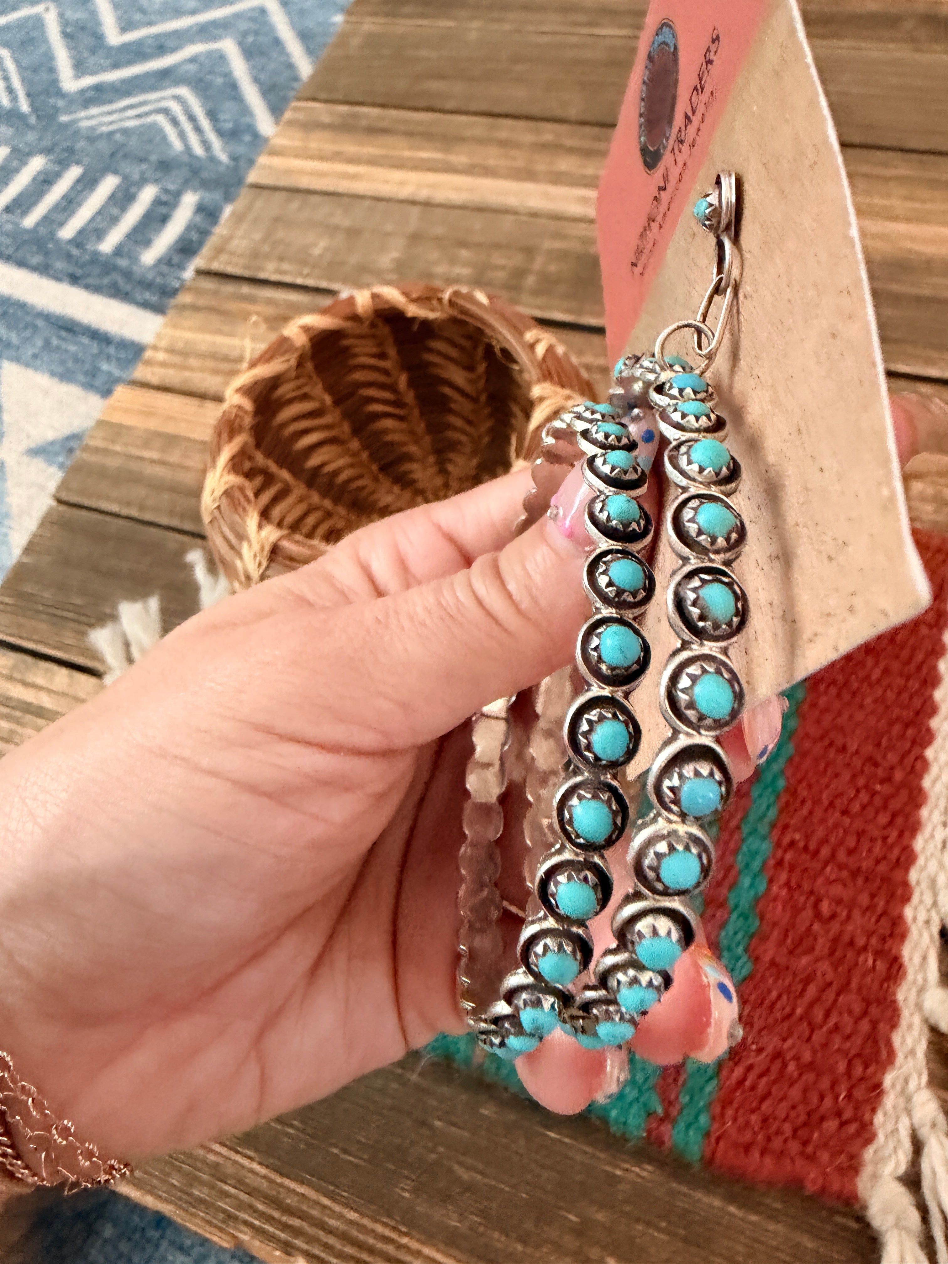 Handcrafted Turquoise & Sterling Silver Snake Eye Dangle Hoop Earrings