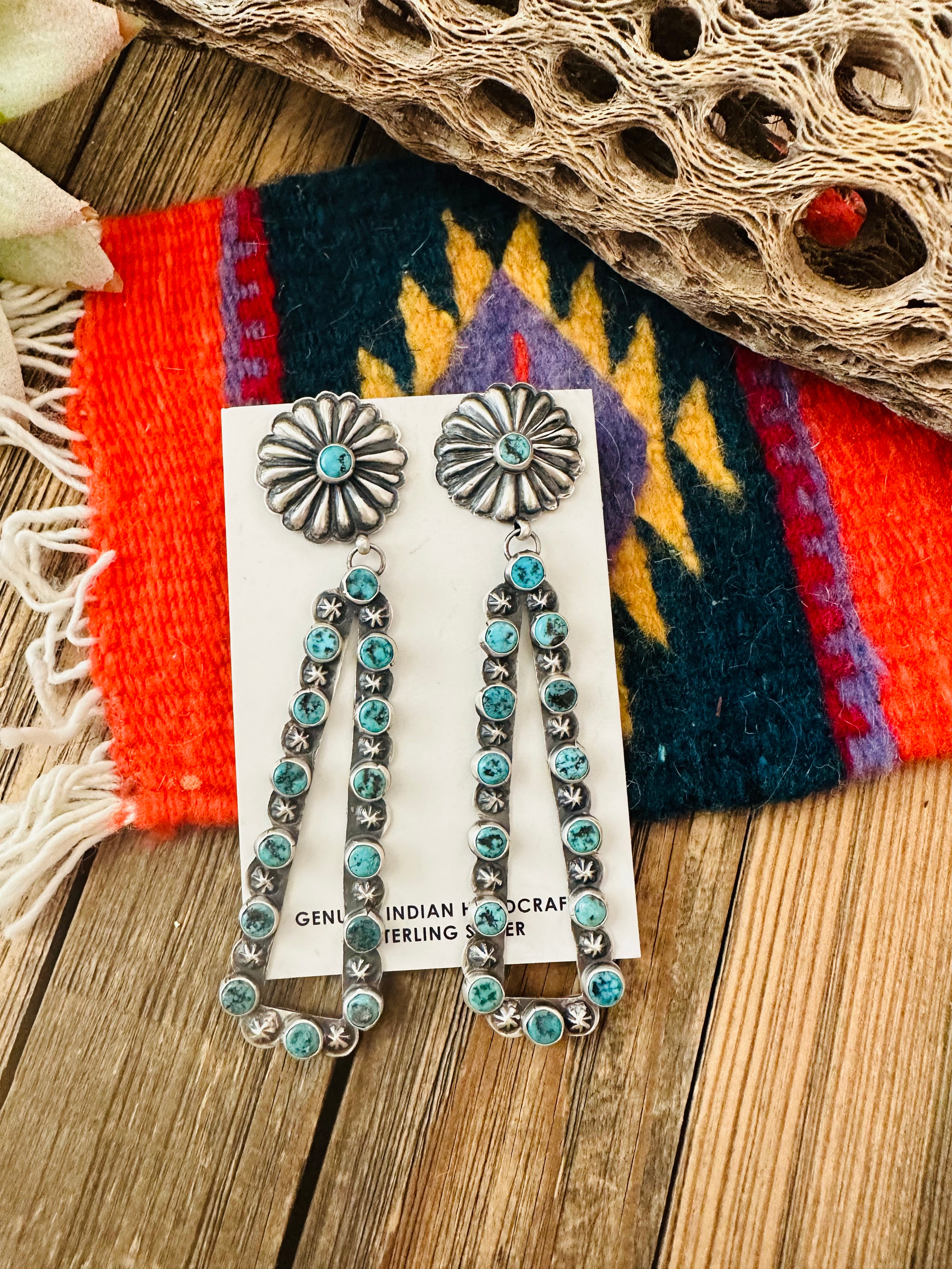 Navajo Sterling Silver & Turquoise Concho Dangle Earrings By Eugene Charley