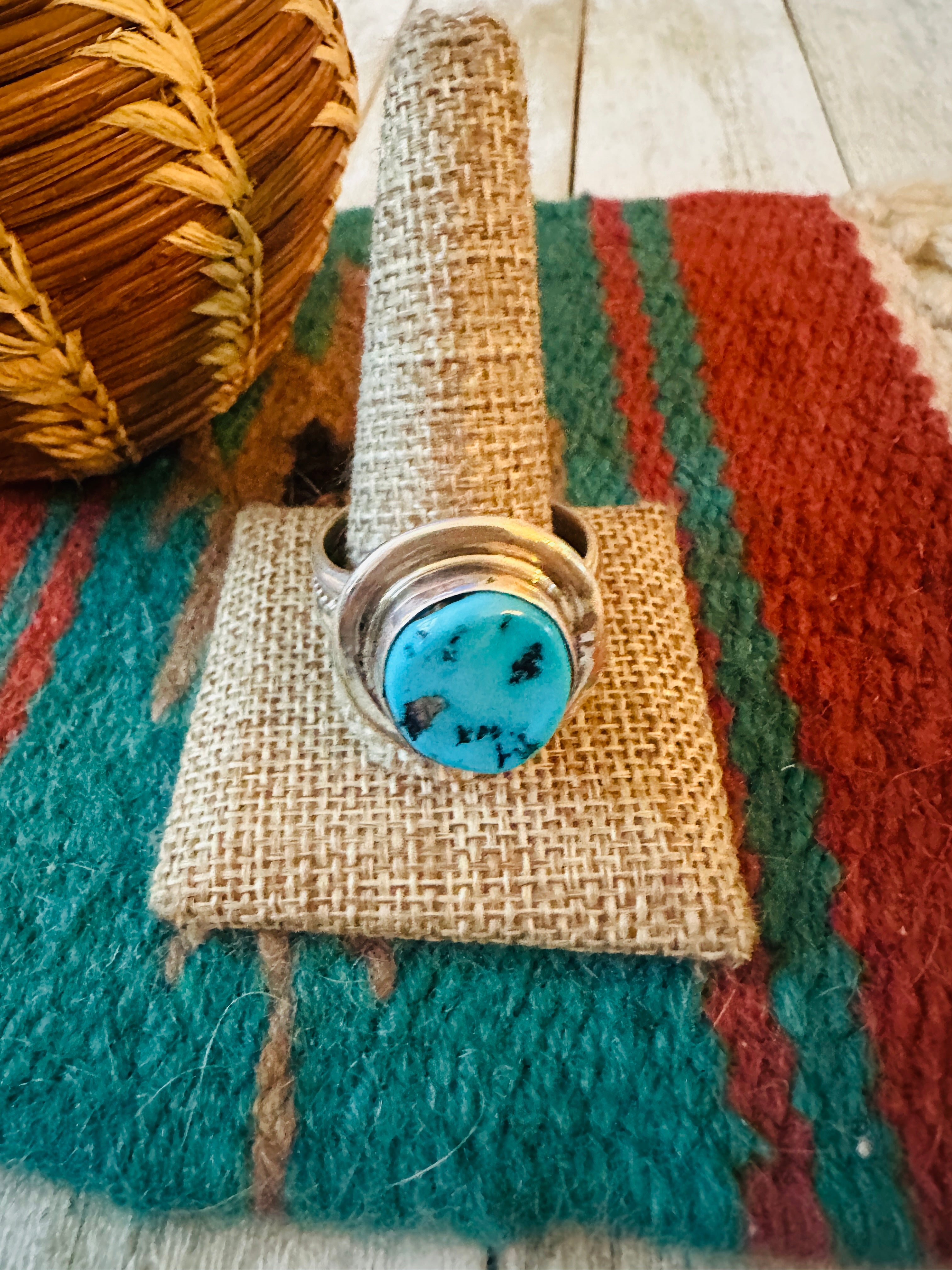 Old Pawn Handcrafted Turquoise & Sterling Silver Ring size 15.5