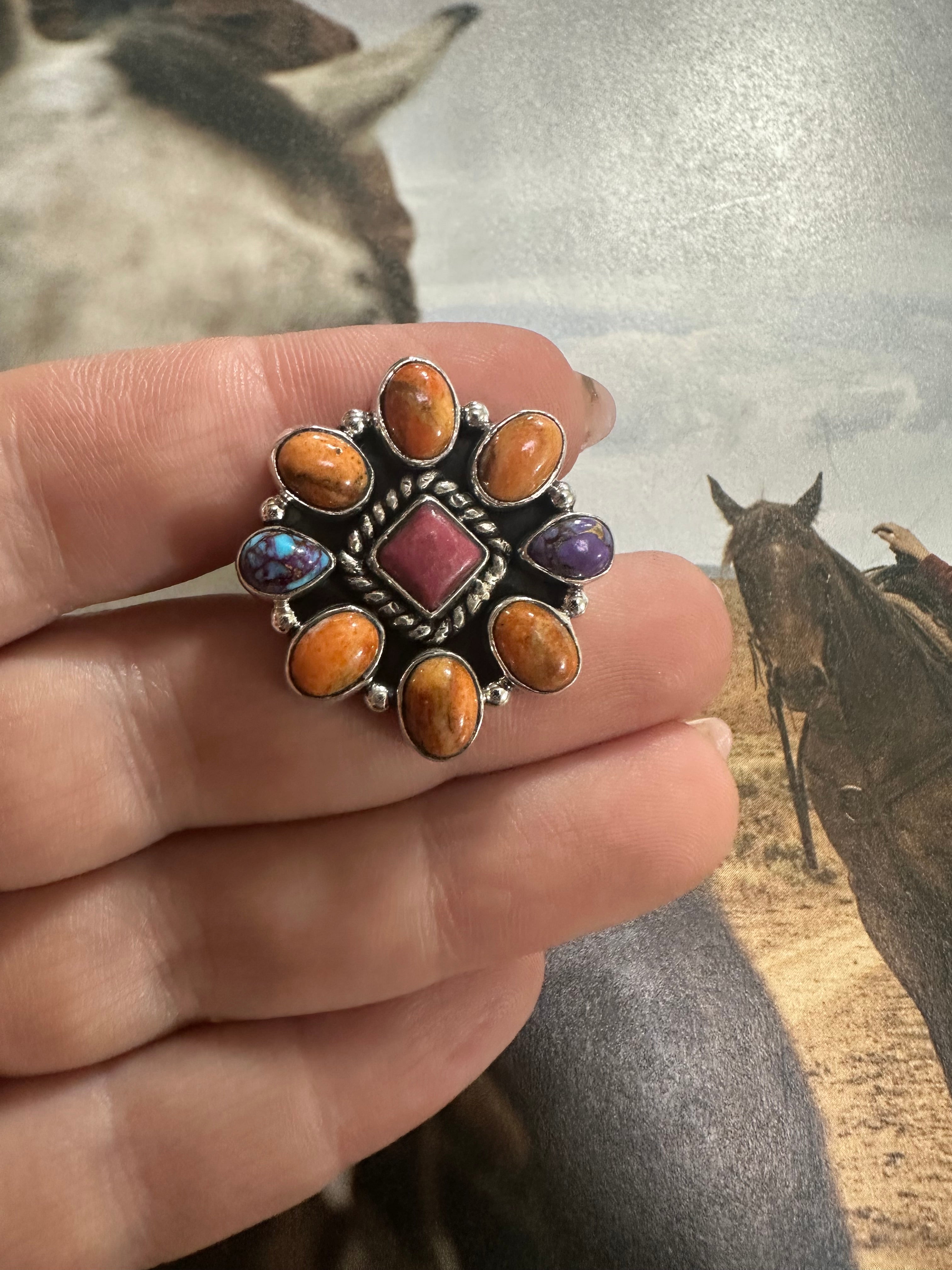 Handmade Purple Dream Mojave, Rhodonite, Orange Mojave And Sterling Silver Adjustable Ring