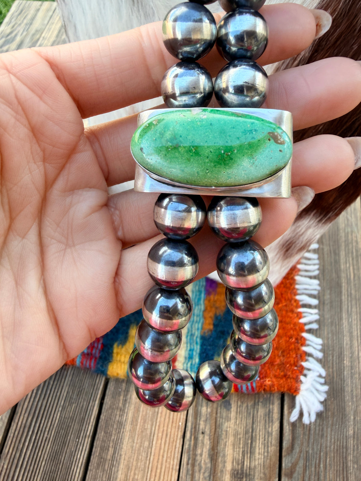 Handcrafted Turquoise & Sterling Silver Beaded Double Sided Jacla Necklace
