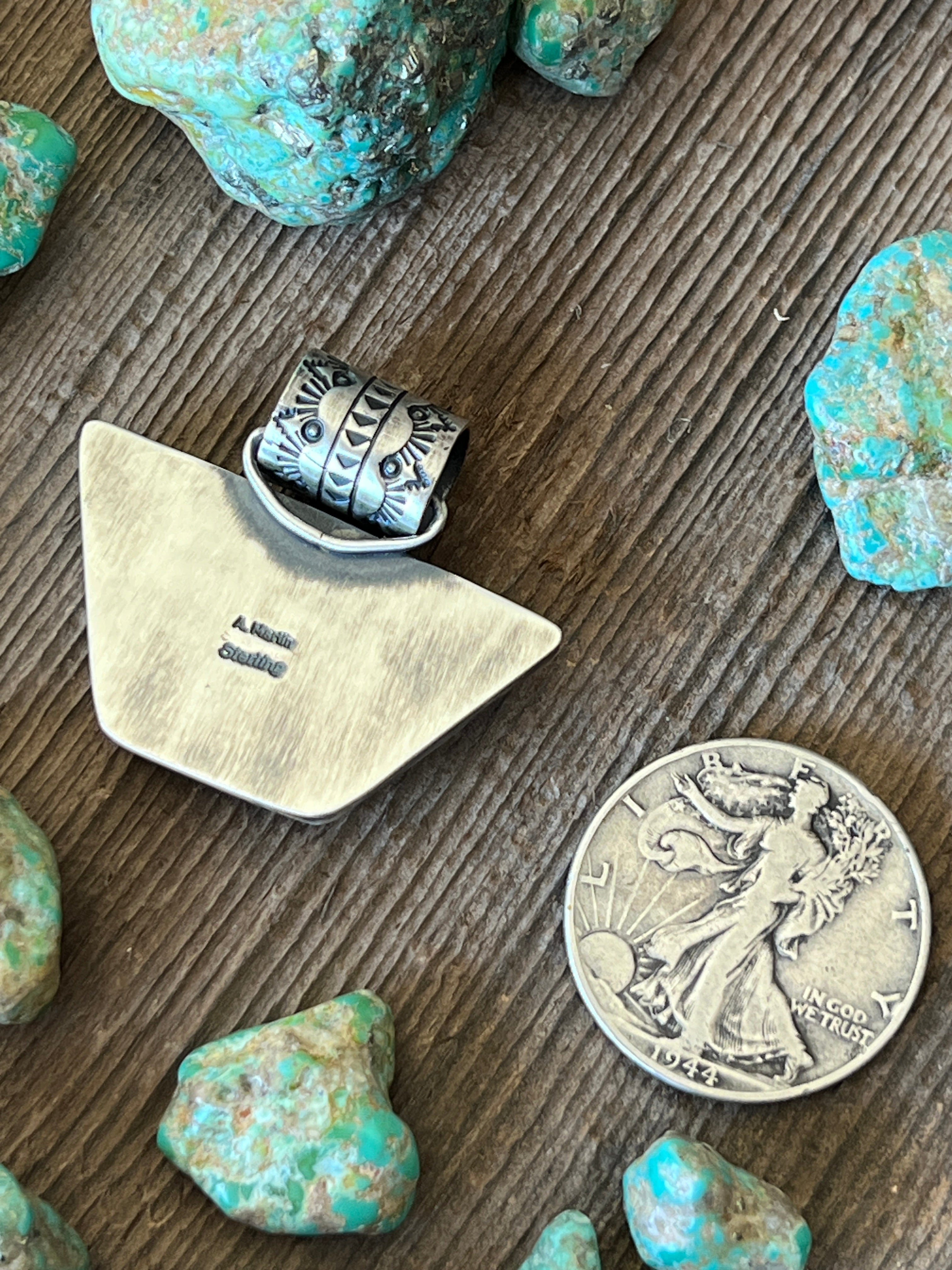 Handcrafted Sterling Silver and Royston Turquoise Solo Pendant by Angela Martin