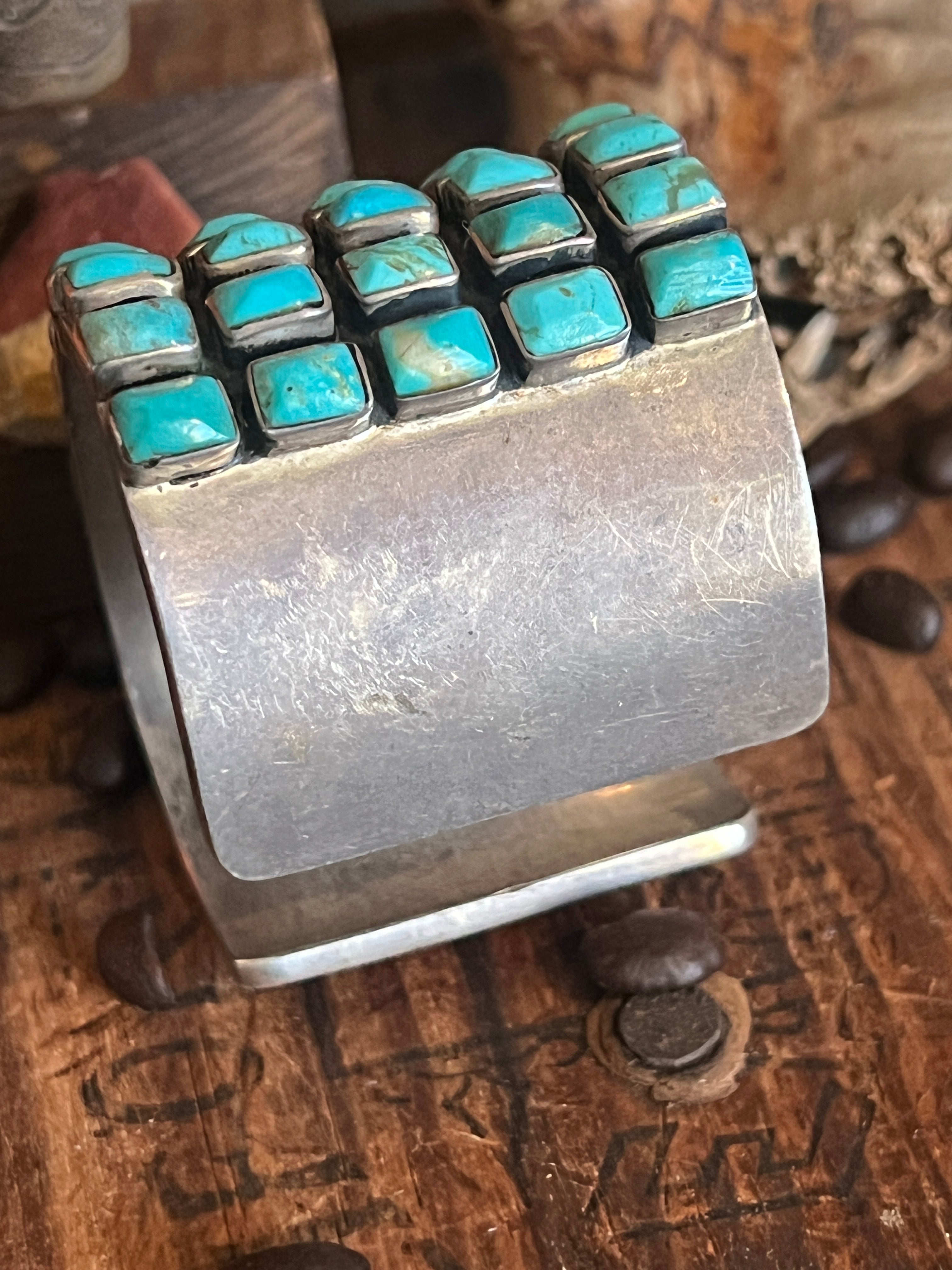 Hefty Old Pawn Sterling Silver and Turquoise 5 Row Cuff Bracelet by Federico Jimenez
