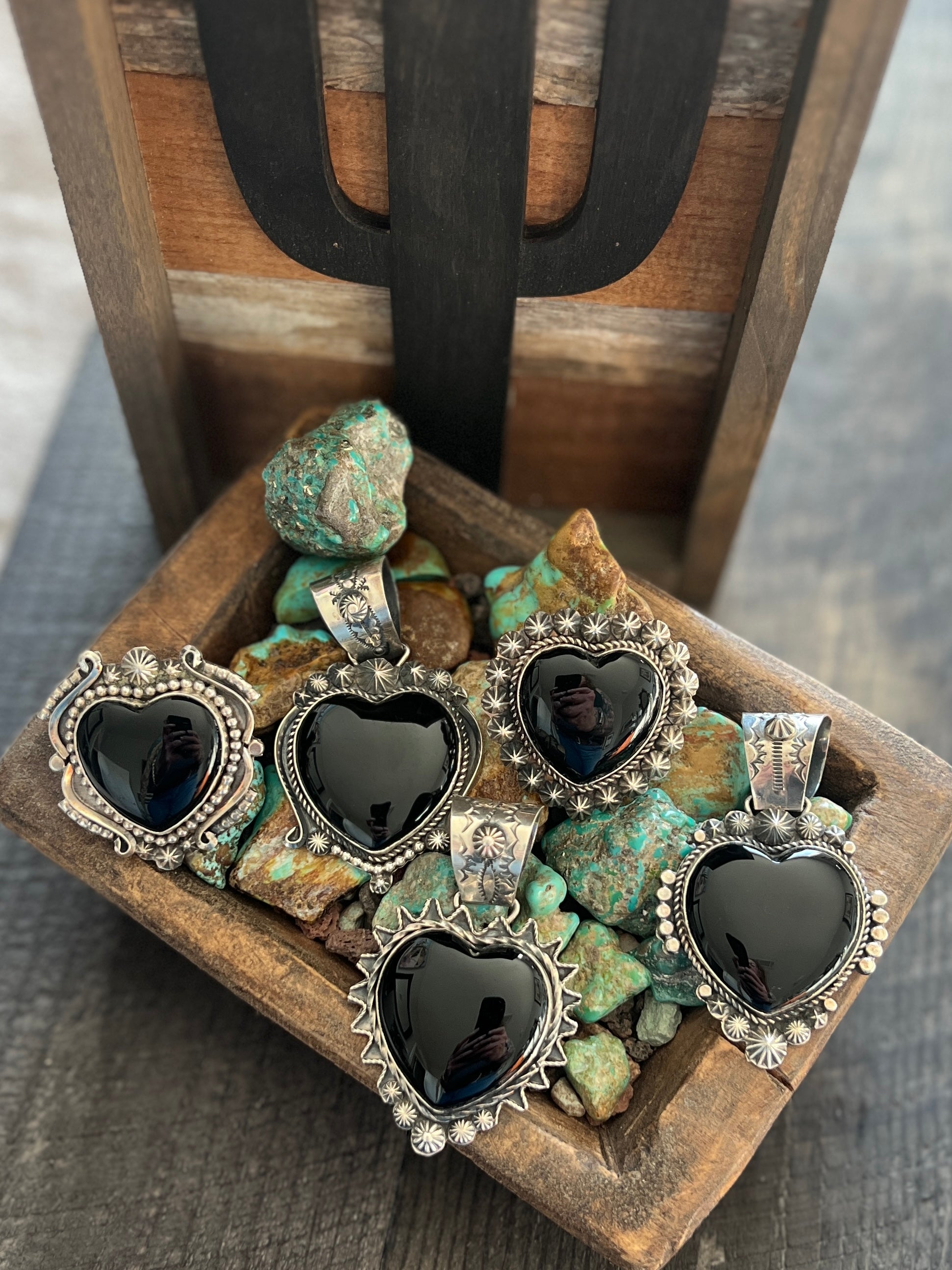 Handcrafted Sterling Silver and Black Onyx Heart Rings by Rosella Paxson, Size 8.5 & 10