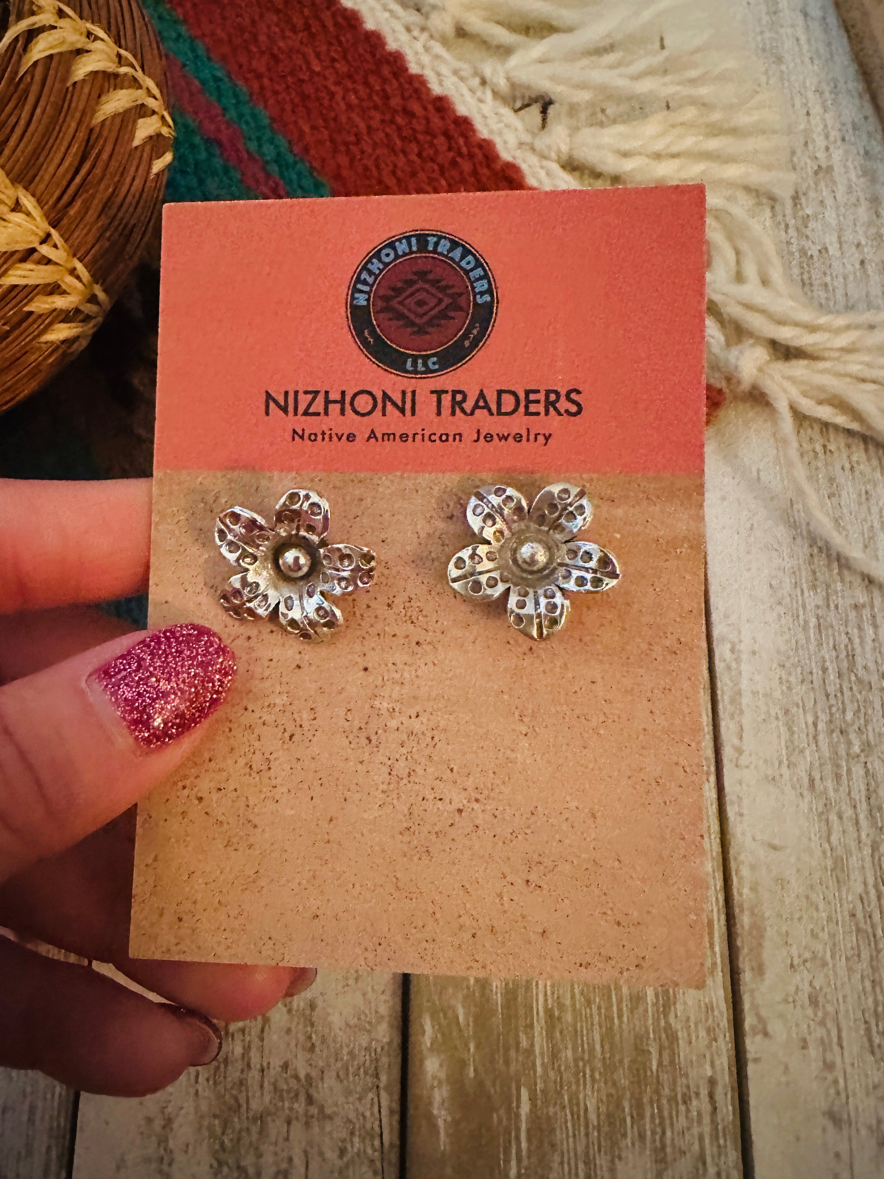 Handmade Sterling Silver Flower Stud Earrings Signed Nizhoni