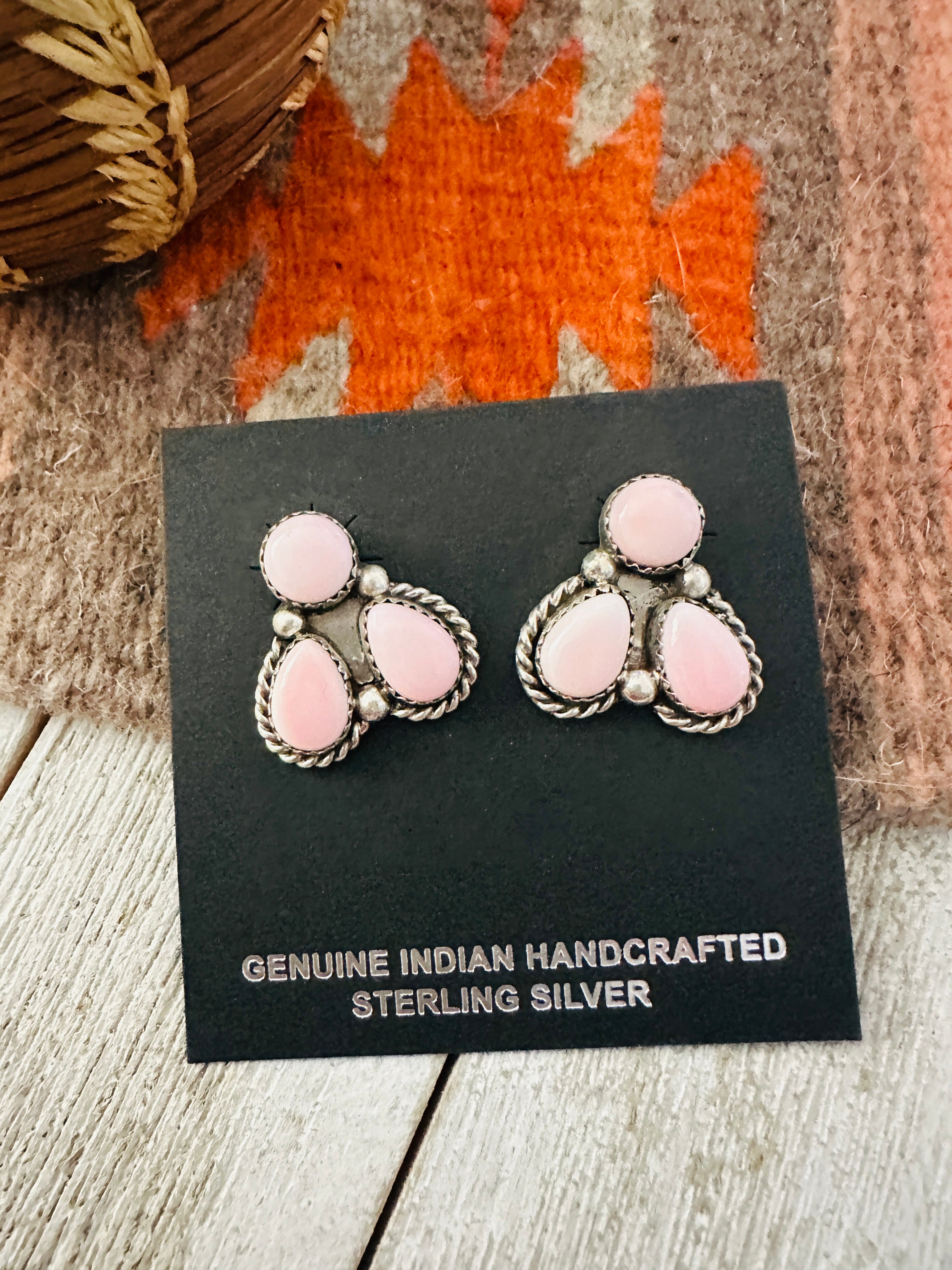 Navajo Sterling Silver & Queen Pink Conch Cluster Post Earrings