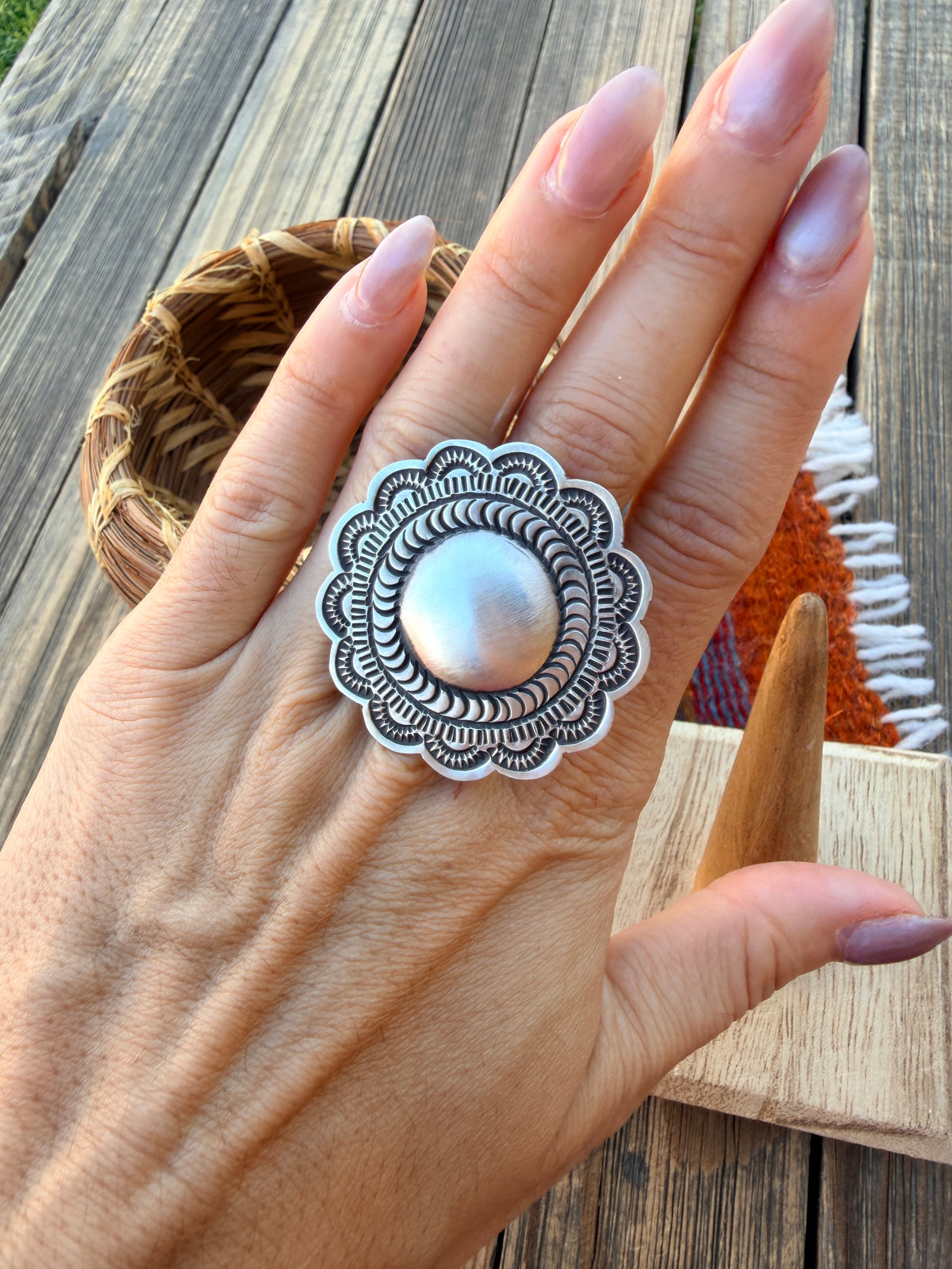 Handcrafted Sterling Silver Adjustable Concho Ring by Leander Tahe