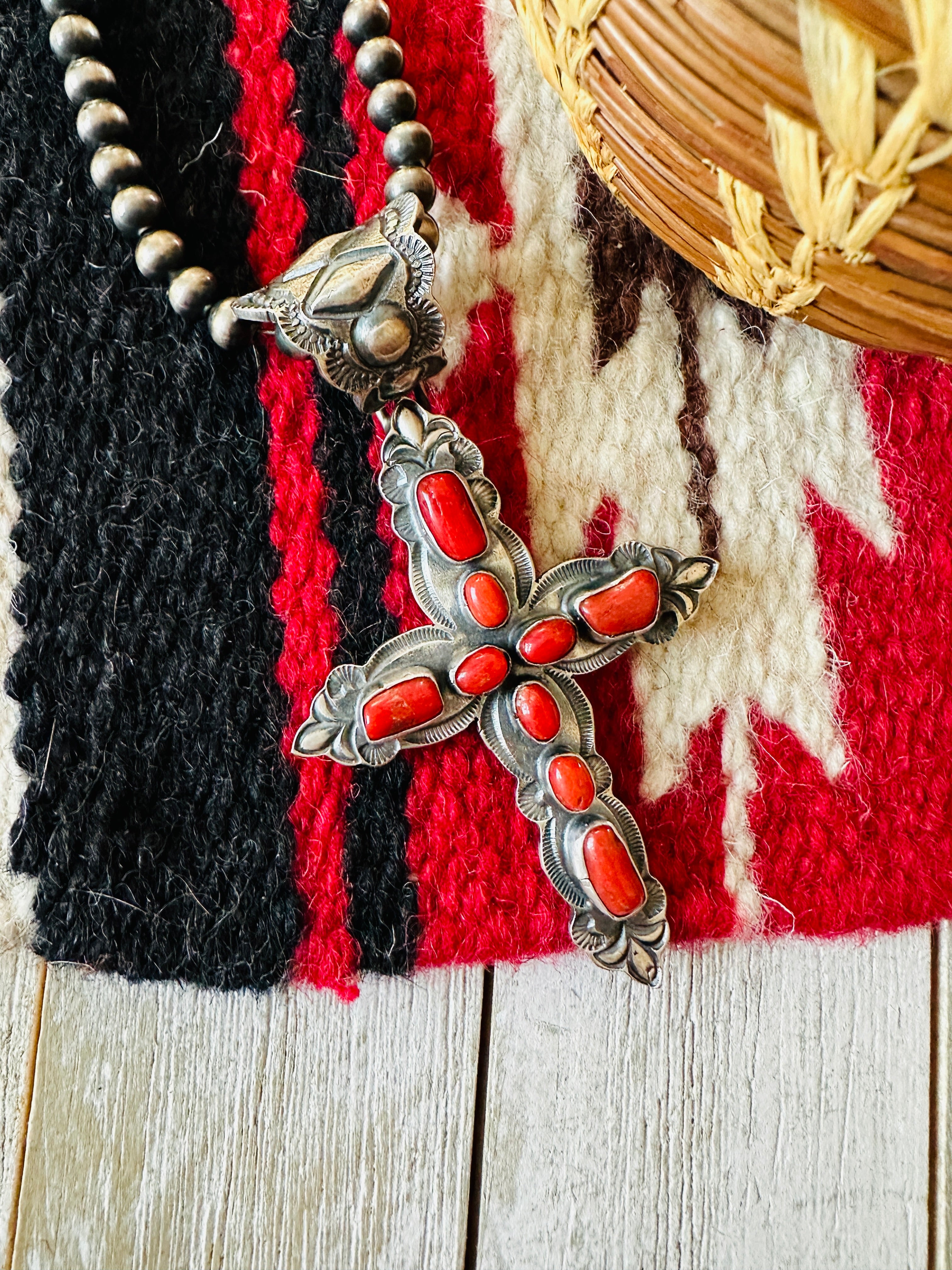 Navajo Sterling Silver & Coral Cross Pendant by Shawn Cayatineto