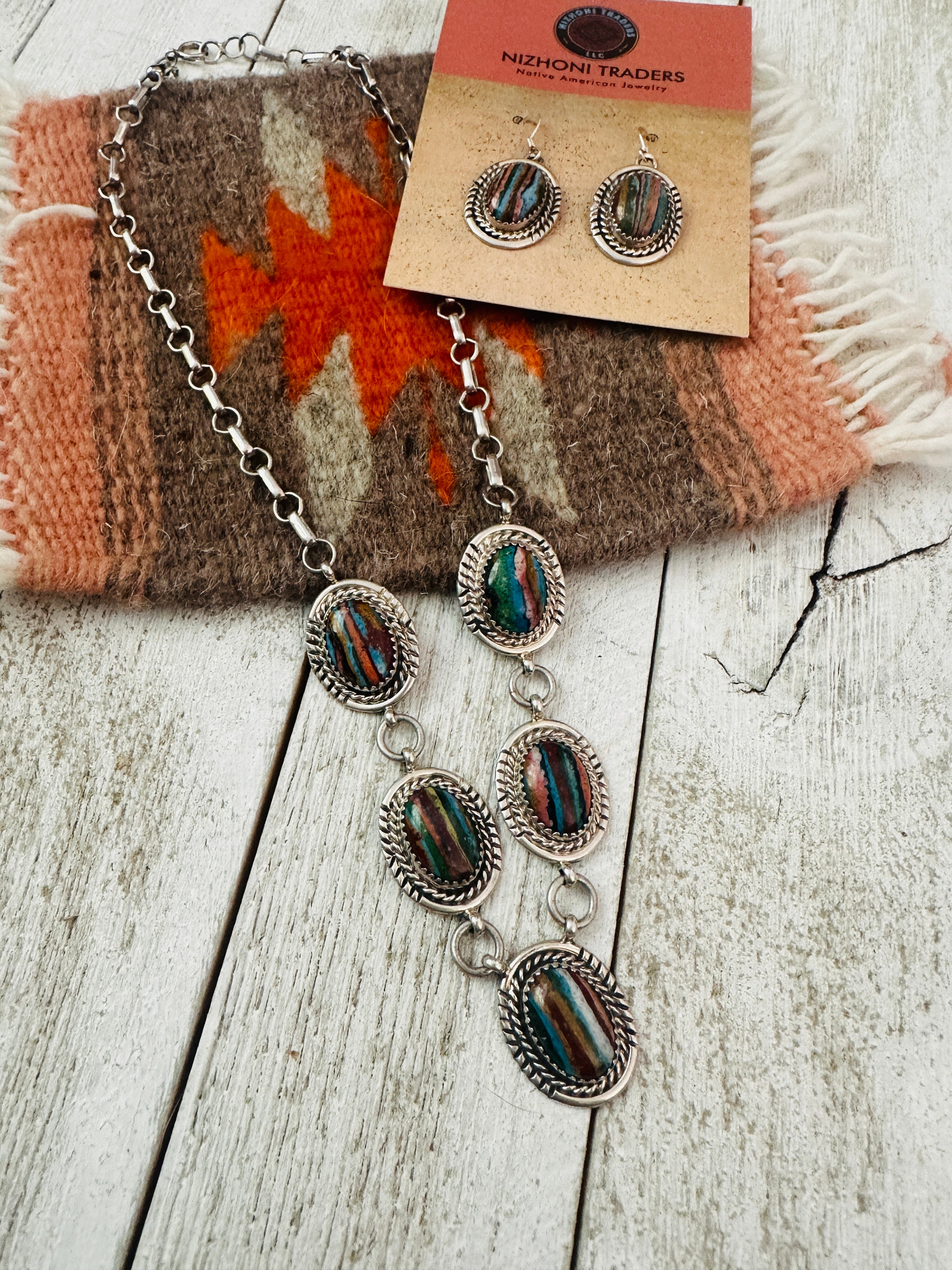 Navajo Rainbow Calsilica & Sterling Silver Necklace Set