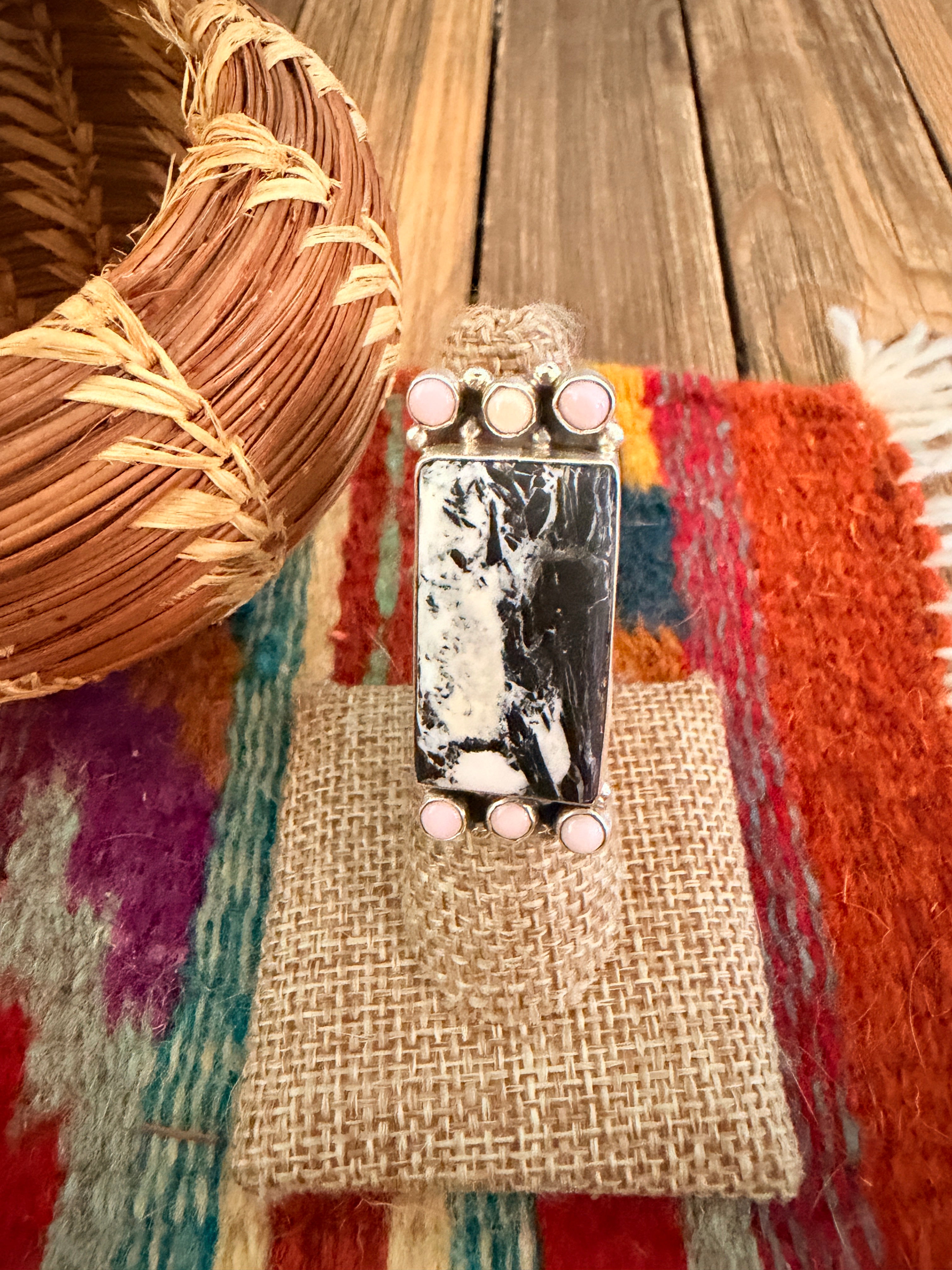 Handcrafted White Buffalo & Queen Pink Conch & Sterling Silver Adjustable Ring
