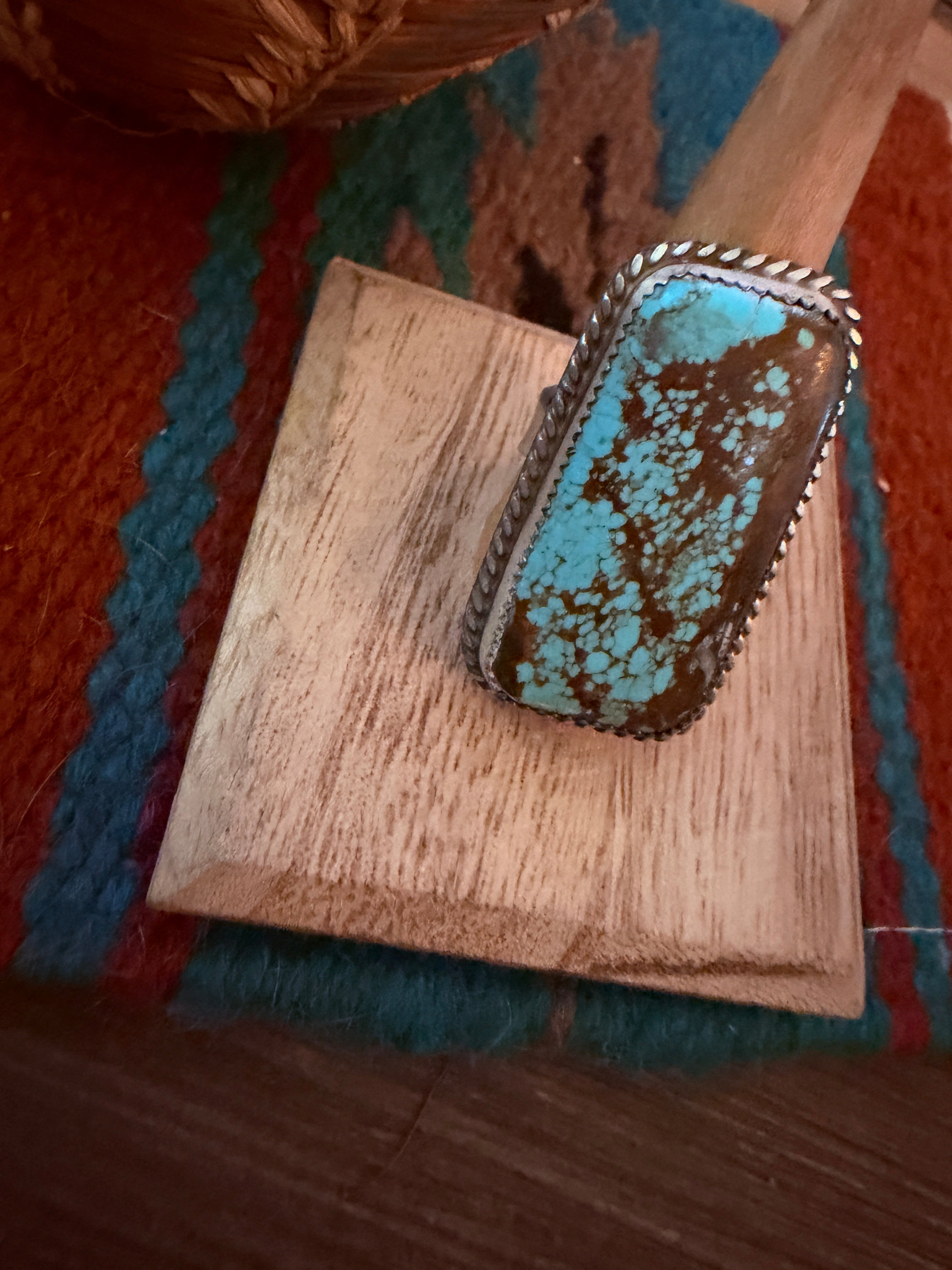 Handcrafted Royston Turquoise & Sterling Silver Ring Size 8.5 by Leslie Nez