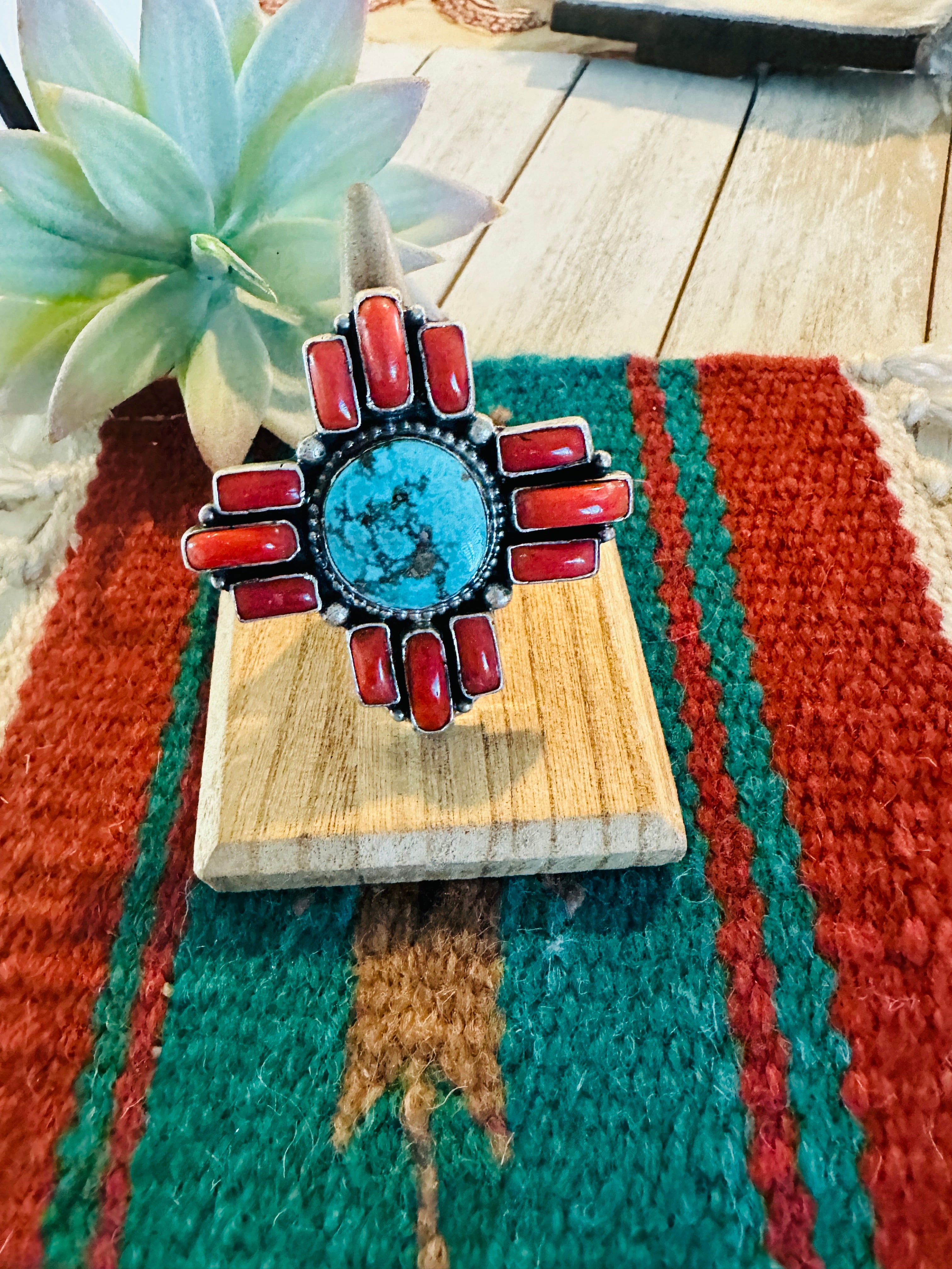 Navajo Kingman Turquoise, Coral & Sterling Silver Ring Size 7