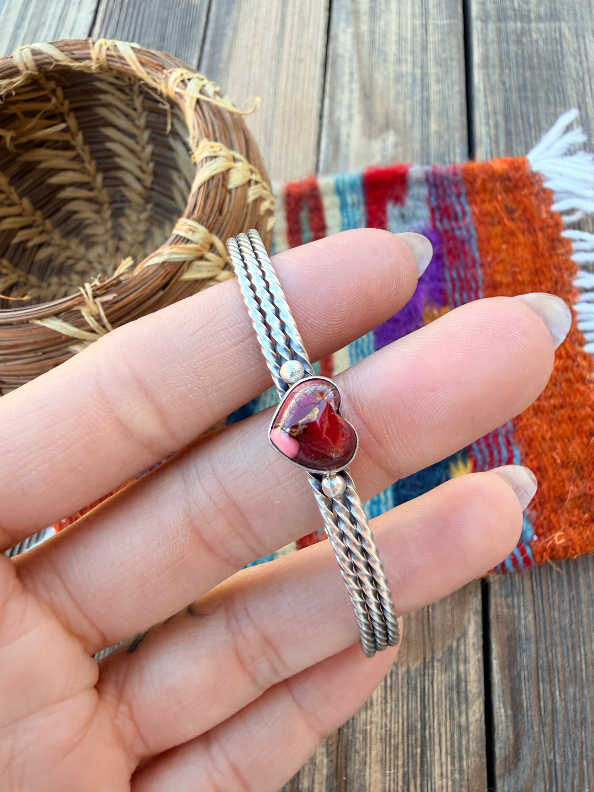 Handcrafted Rose Dahlia & Sterling Silver Heart Cuff Bracelet