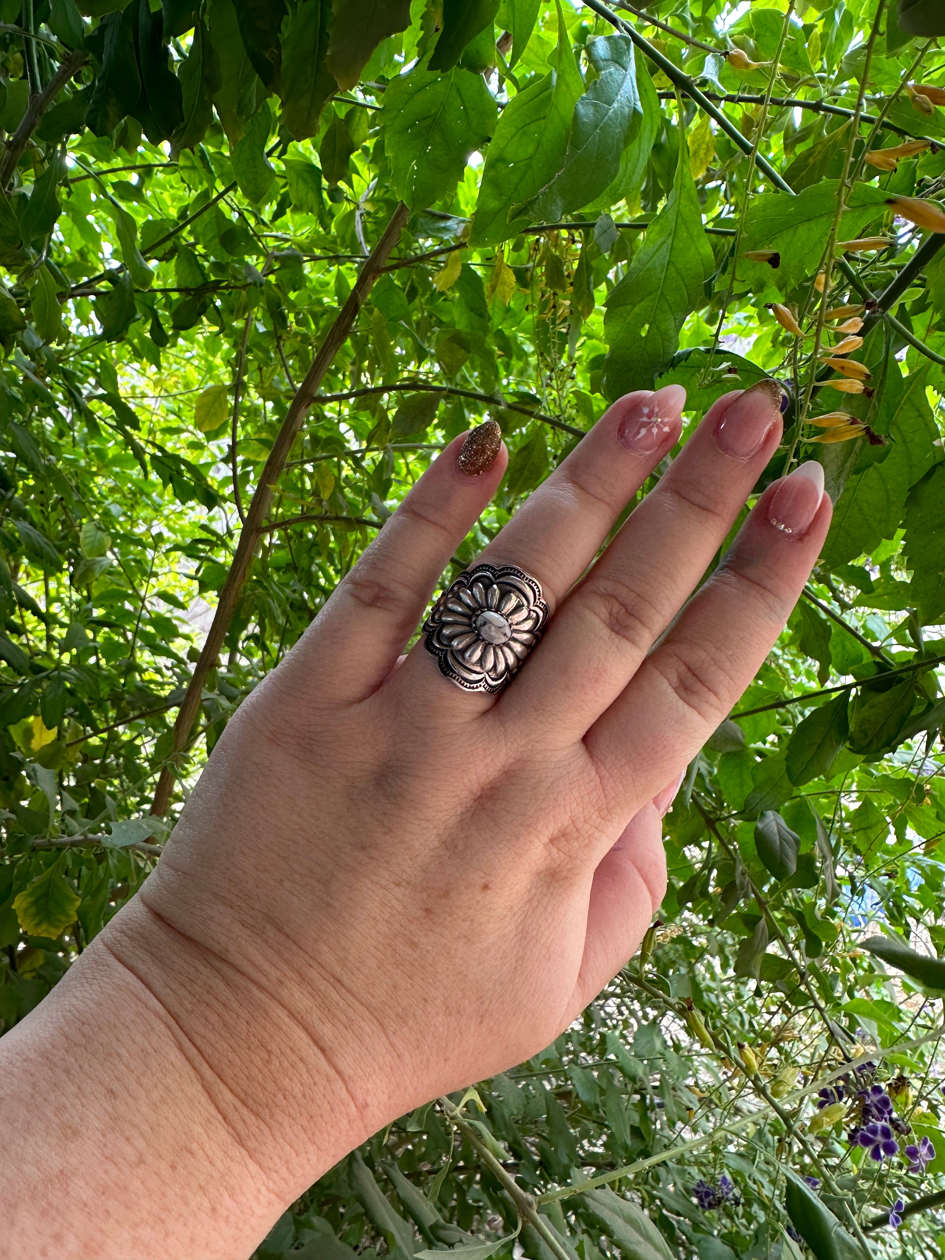 Beautiful Concho Handmade White Buffalo And Sterling Silver Adjustable Ring