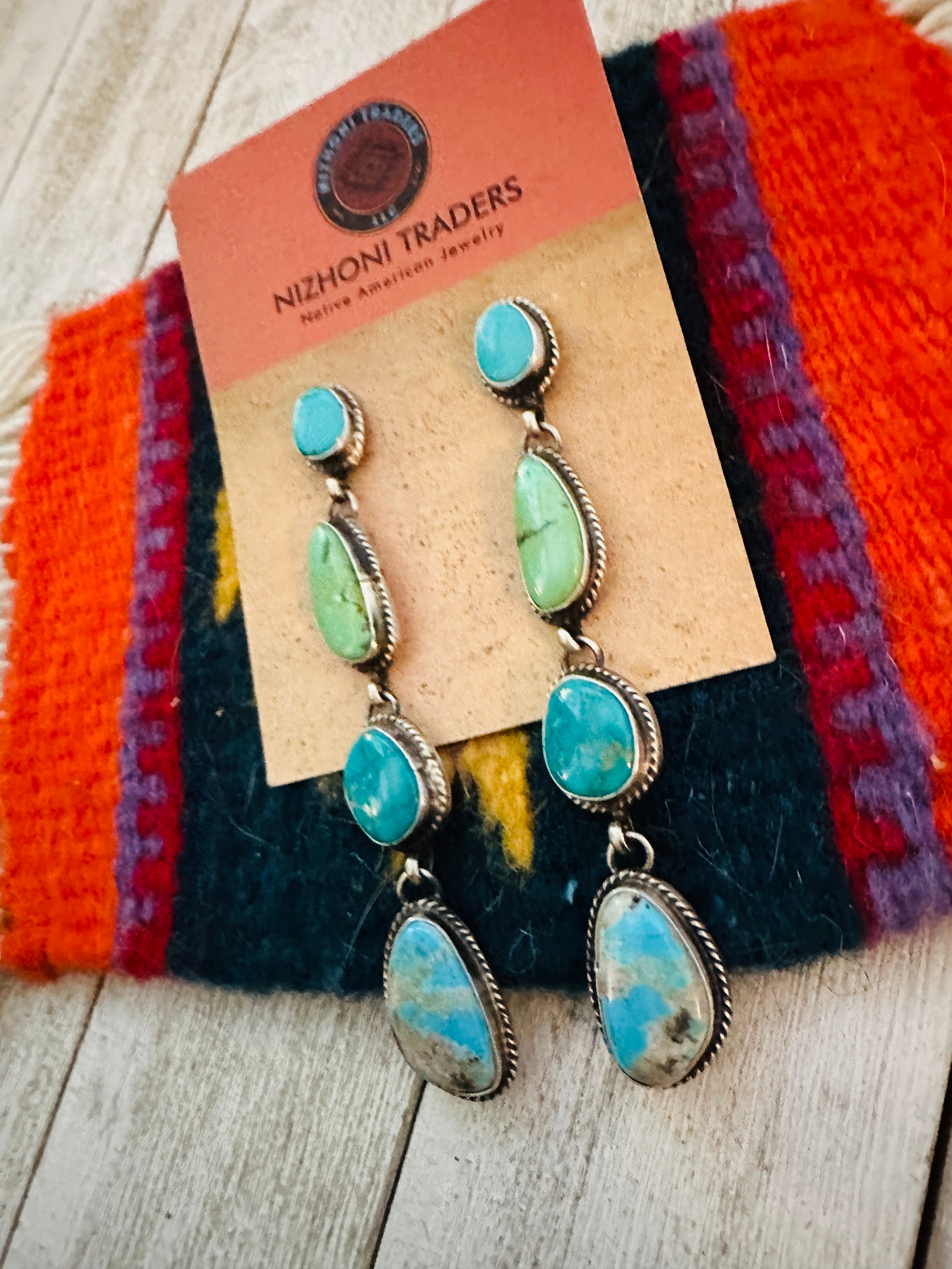 Navajo Multi Turquoise & Sterling Silver Dangle Earrings