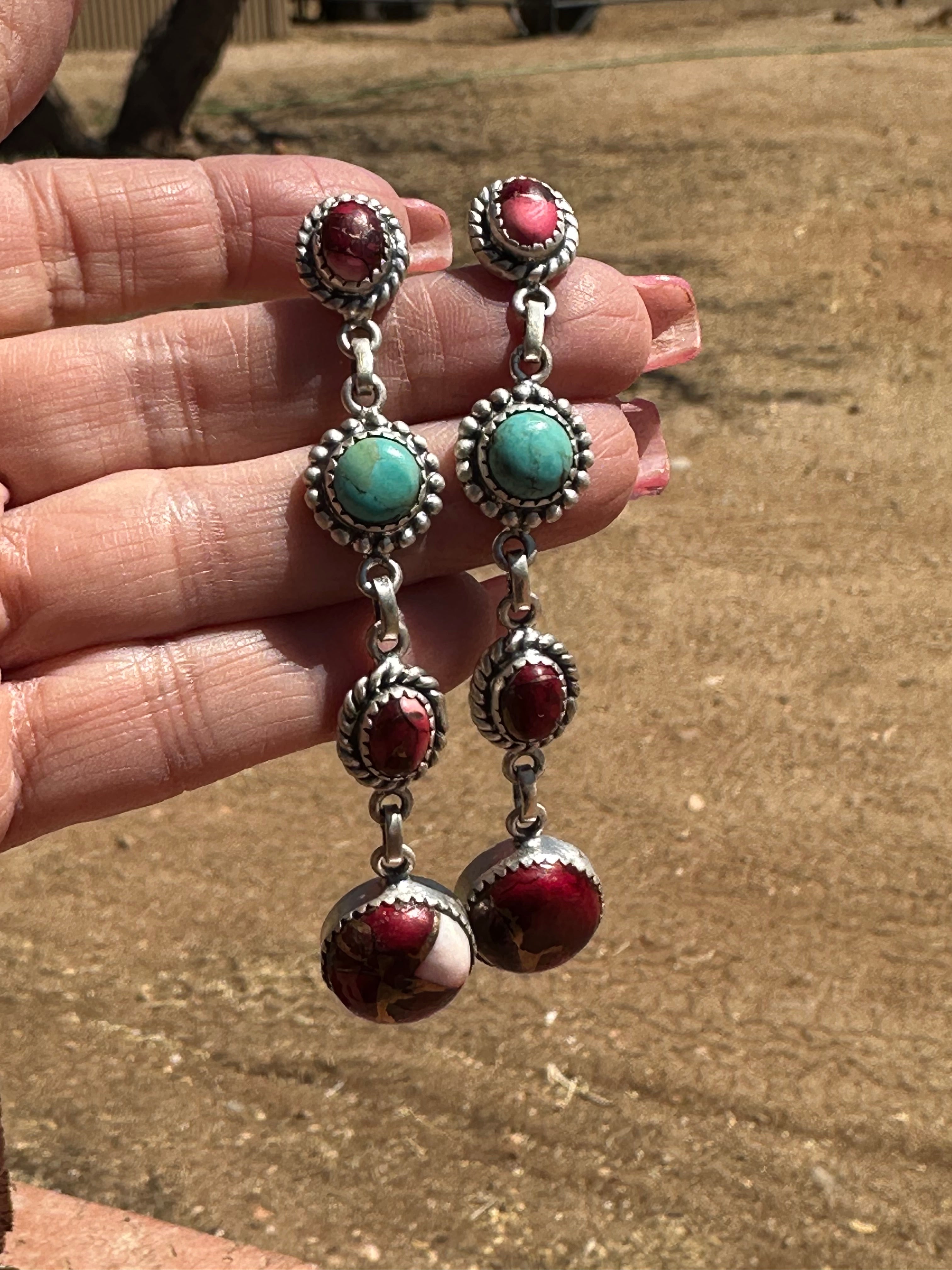 Dahlia Rose & Turquoise Handmade Sterling Silver 4 Stone Dangles