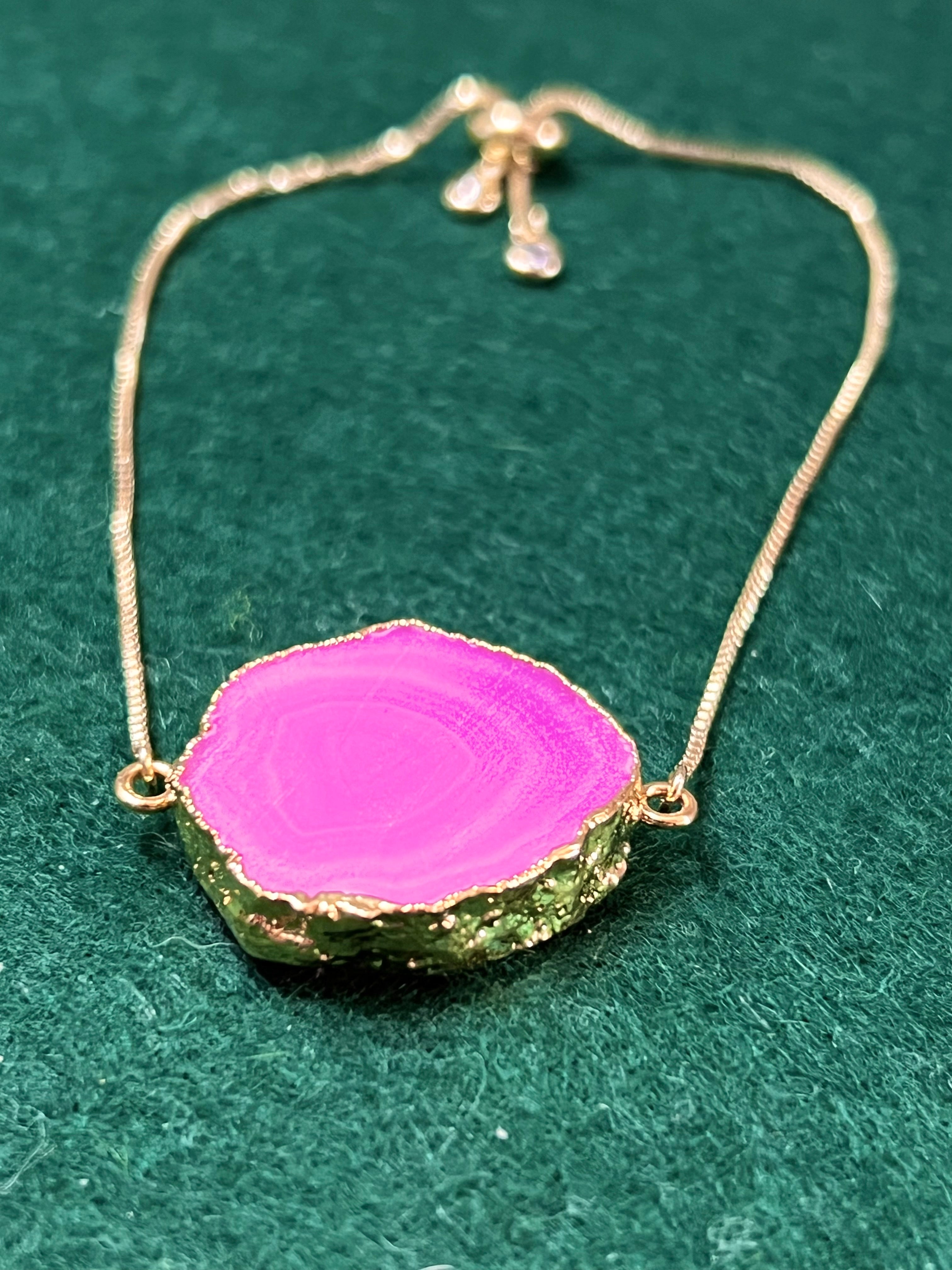 Handmade 14k Gold Druzy Plated Brass & Hot Pink Geode Adjustable Bracelet