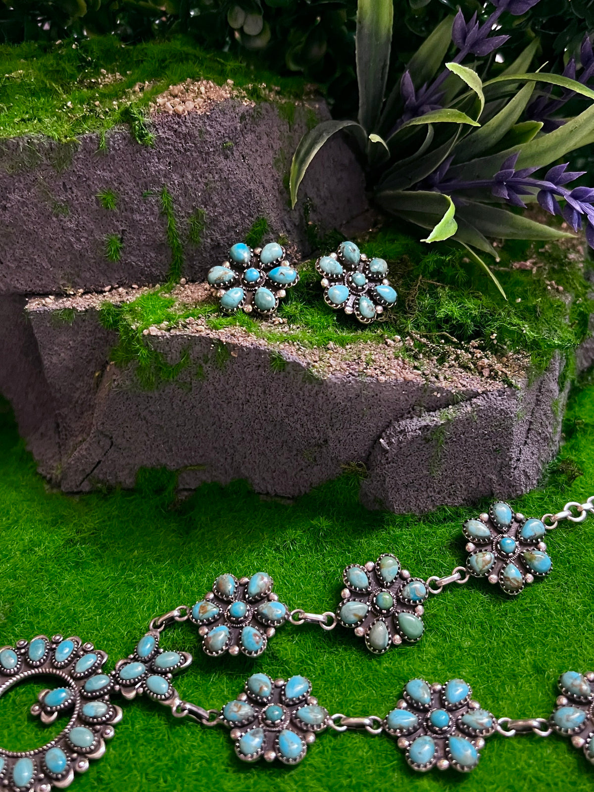 Handmade Turquoise Cluster Lariat Naja Sterling Silver Necklace & Turquoise Cluster Stud Earrings