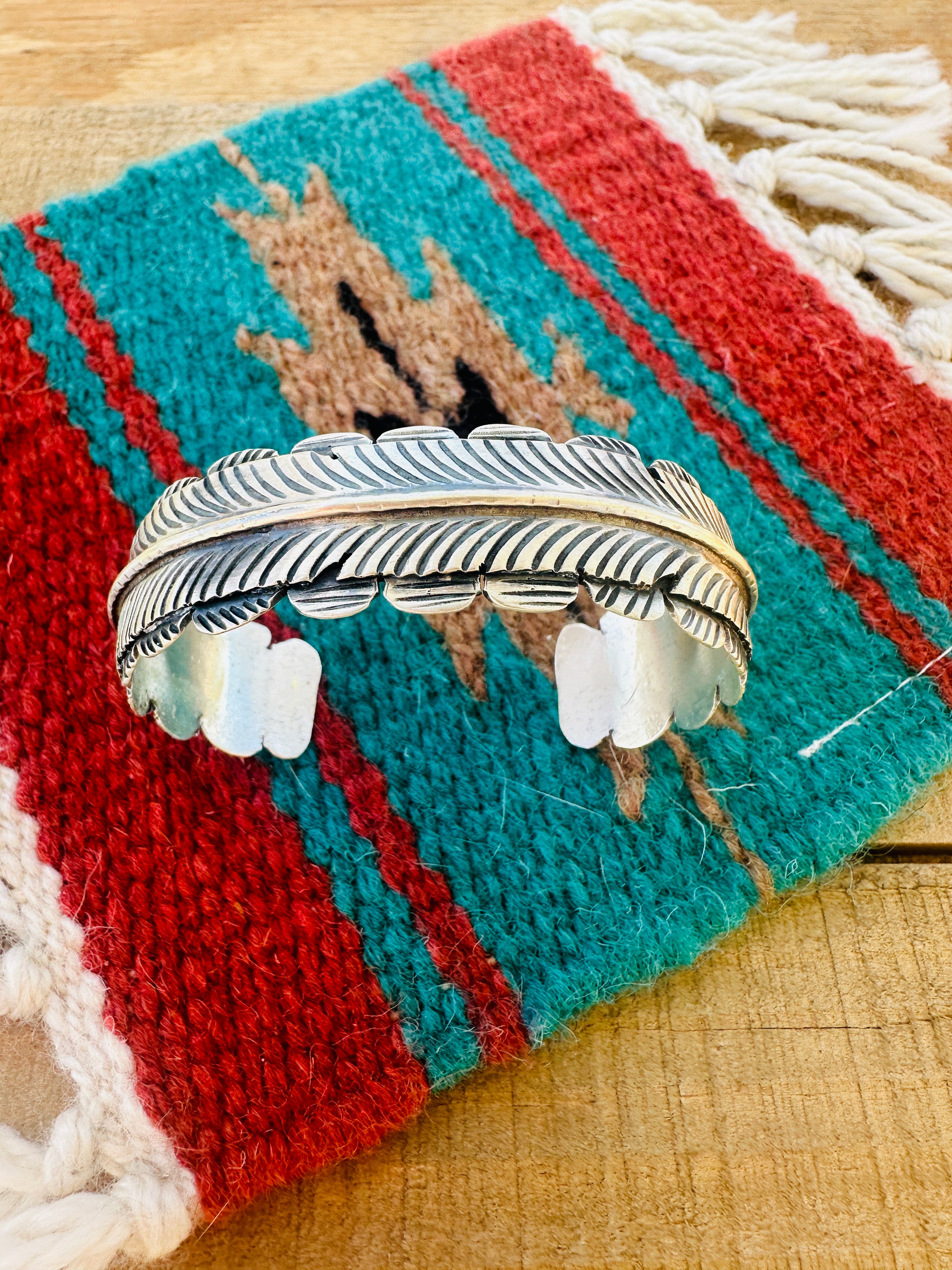 Navajo Hand Stamped Sterling Silver Feather Cuff Bracelet