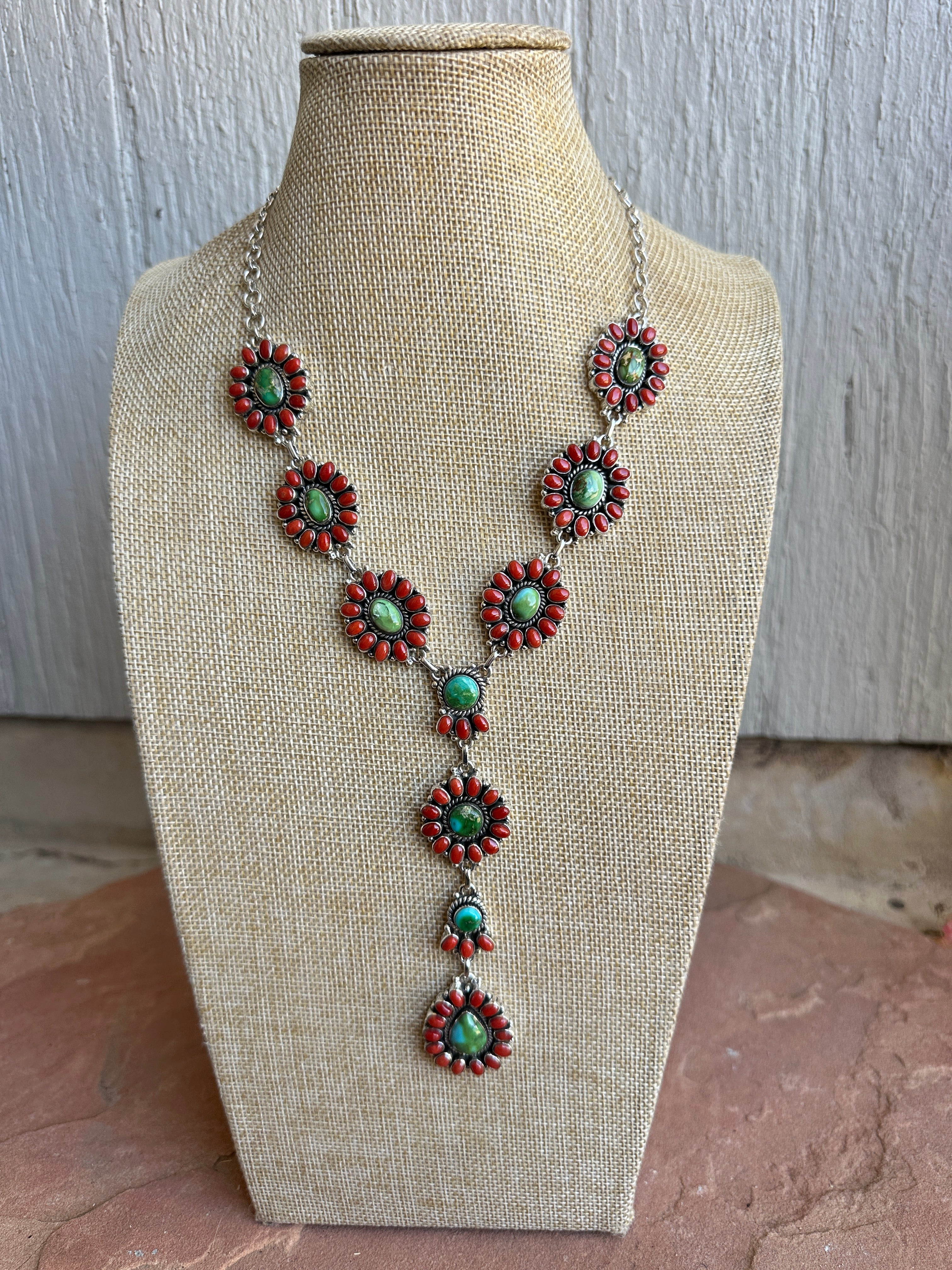 Beautiful Handmade Sterling Silver, Coral & Sonoran Turquoise Lariat Necklace