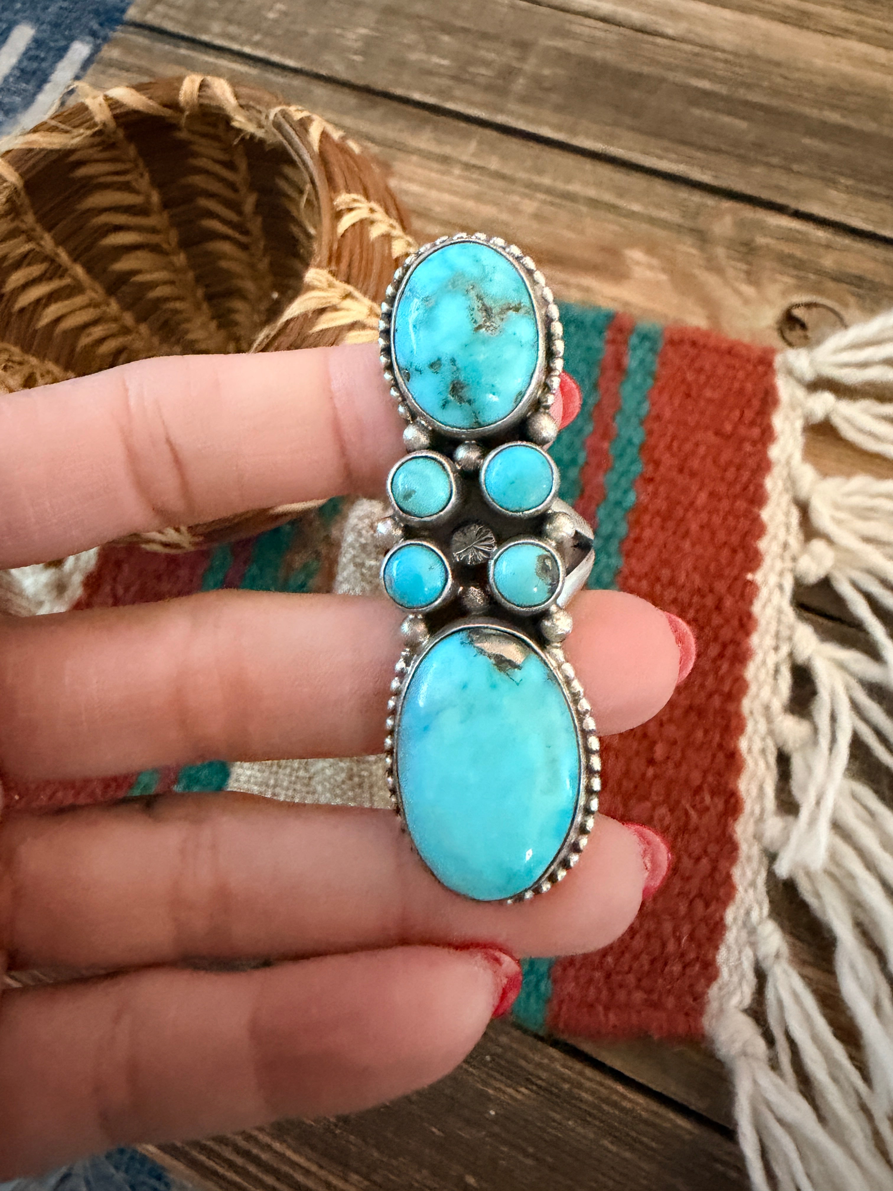Handcrafted Kingman Turquoise & Sterling Silver Cluster Ring Size 8.5 by Sheila Becenti