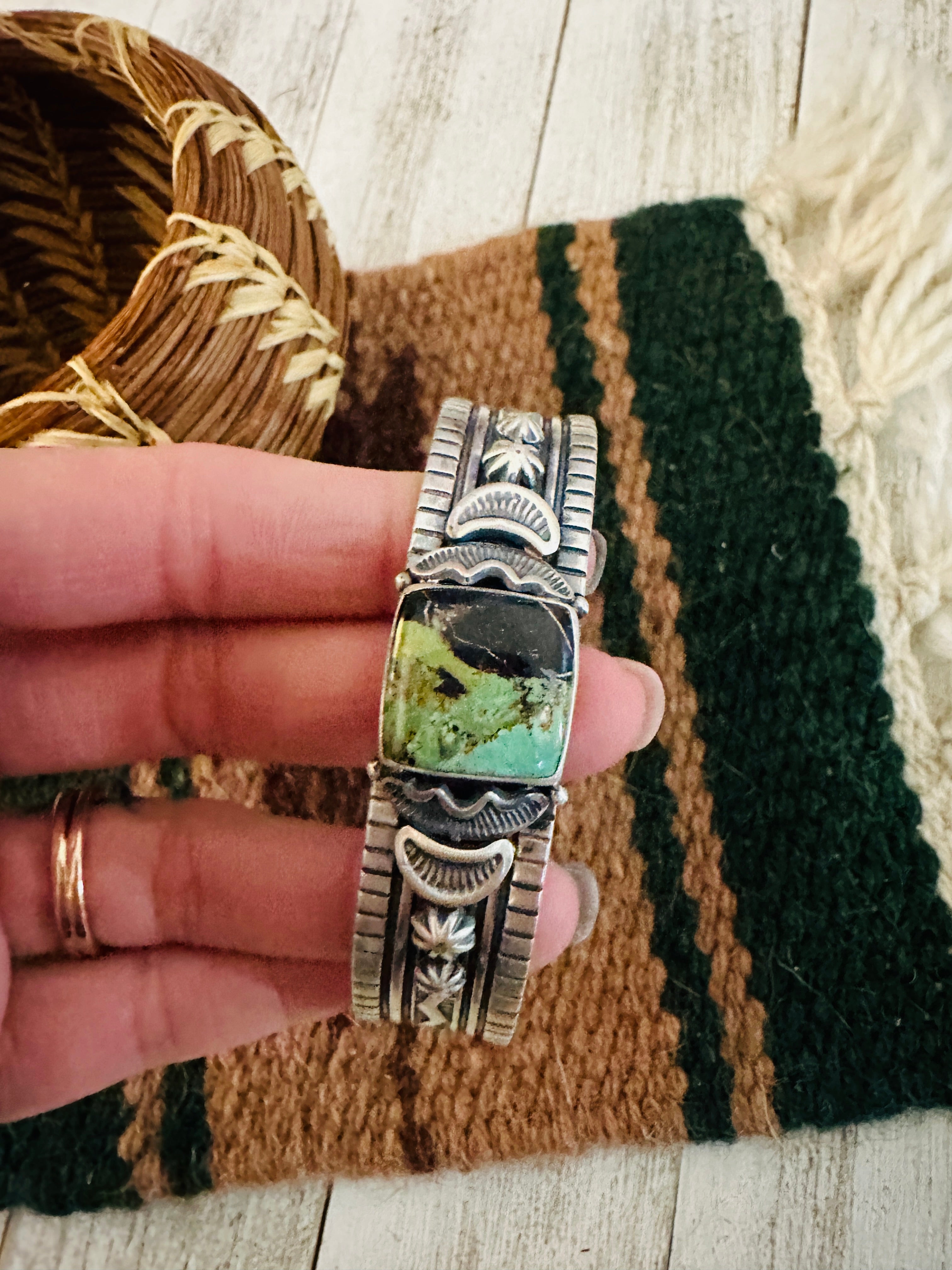 Navajo Sterling Silver & Black Jack Turquoise Cuff Bracelet