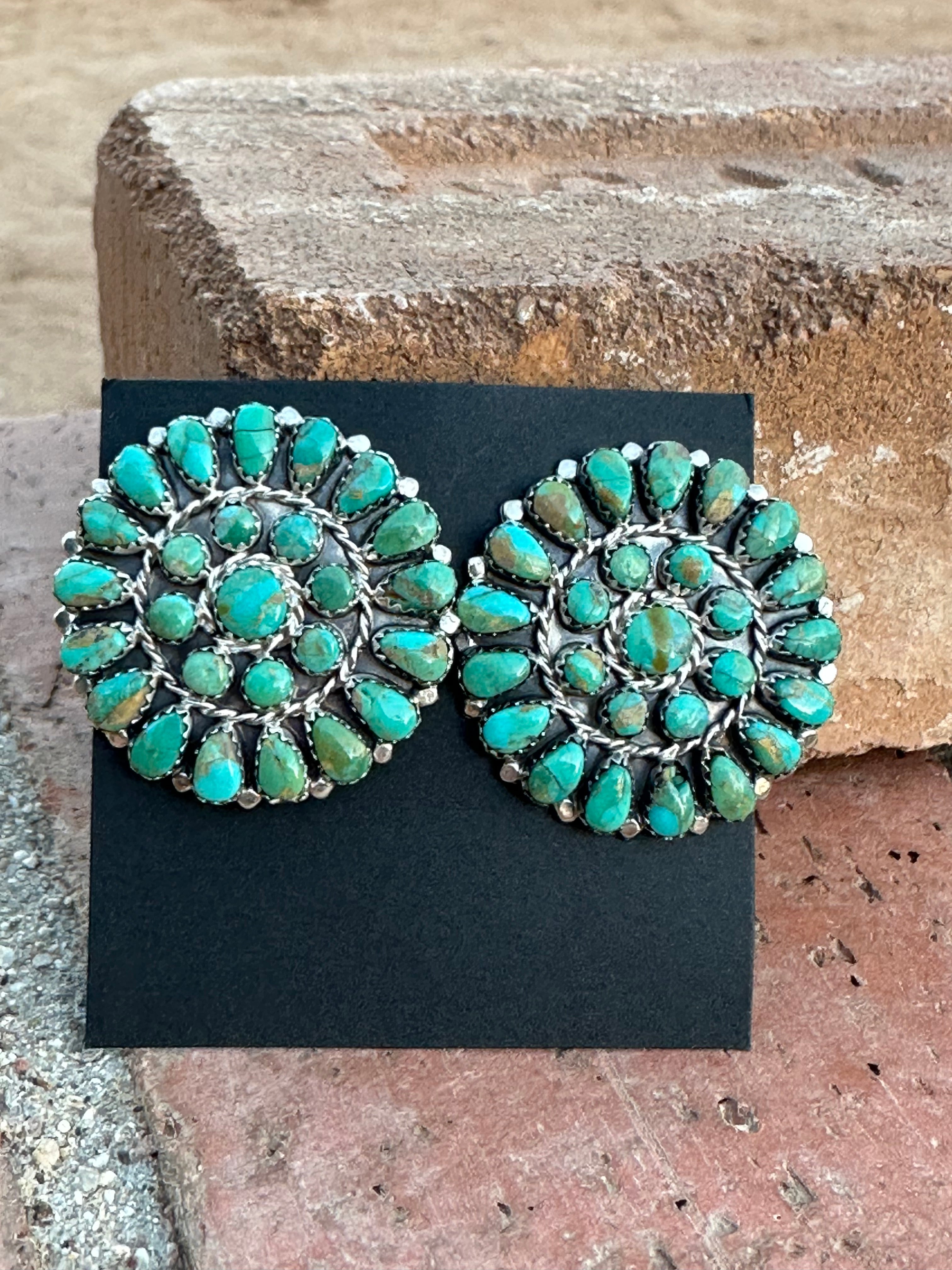 Navajo Sterling Silver & Royston Turquoise Cluster Post Earrings