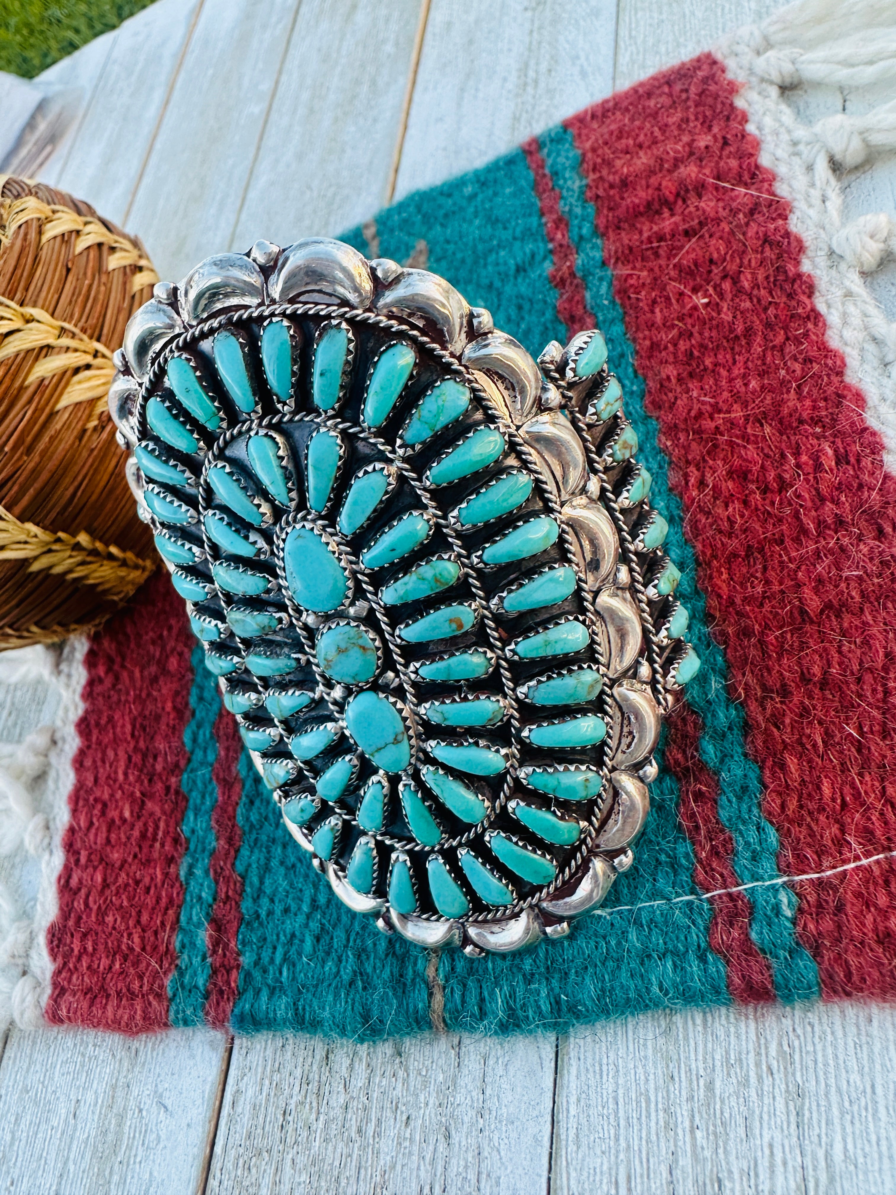 Handcrafted Old Pawn Sterling Silver & Kingman Turquoise Cluster Cuff Bracelet