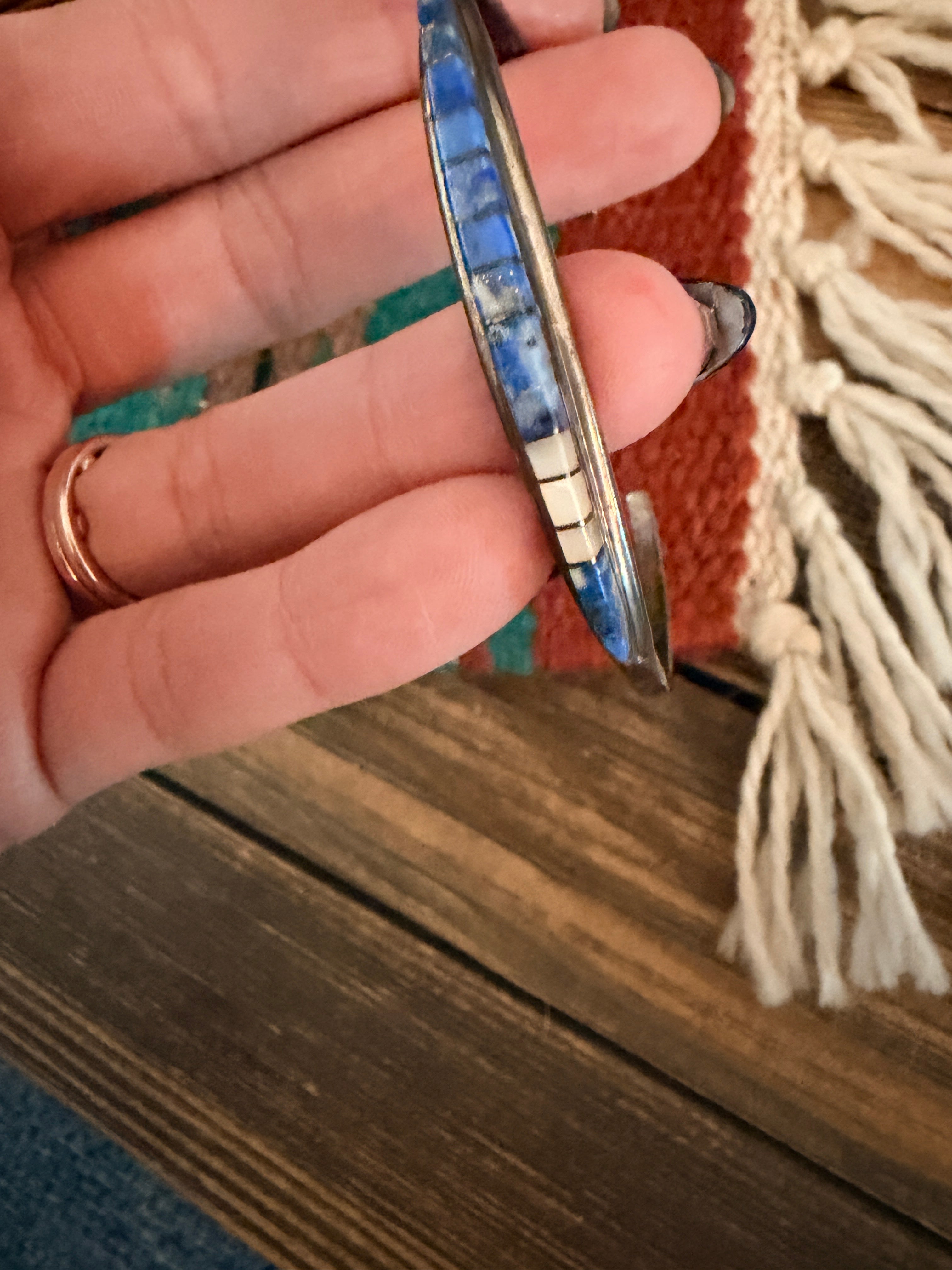 Handcrafted Old Pawn Sterling Silver, Lapis & Mother of Pearl Inlay Cuff Bracelet
