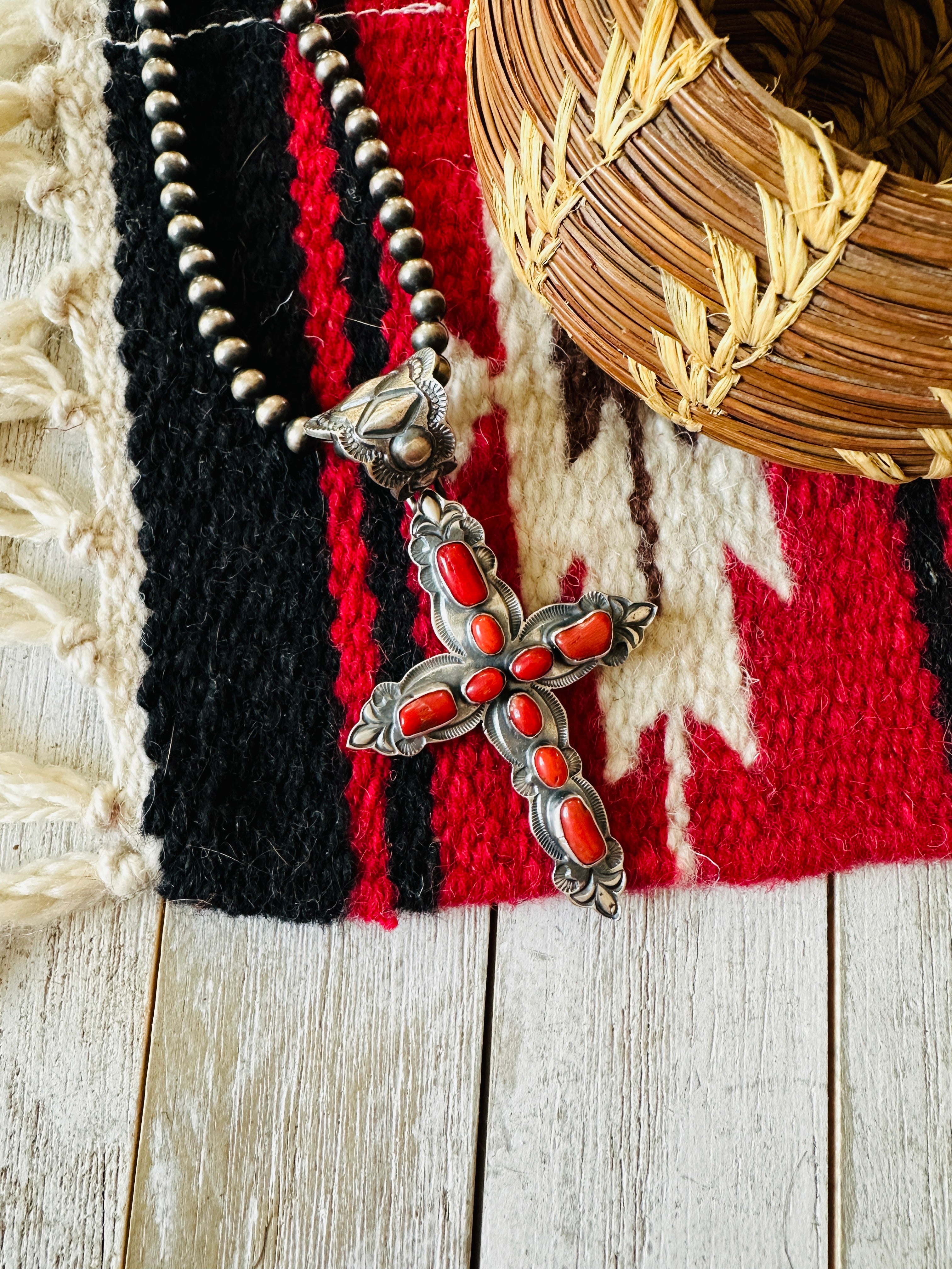 Navajo Sterling Silver & Coral Cross Pendant by Shawn Cayatineto