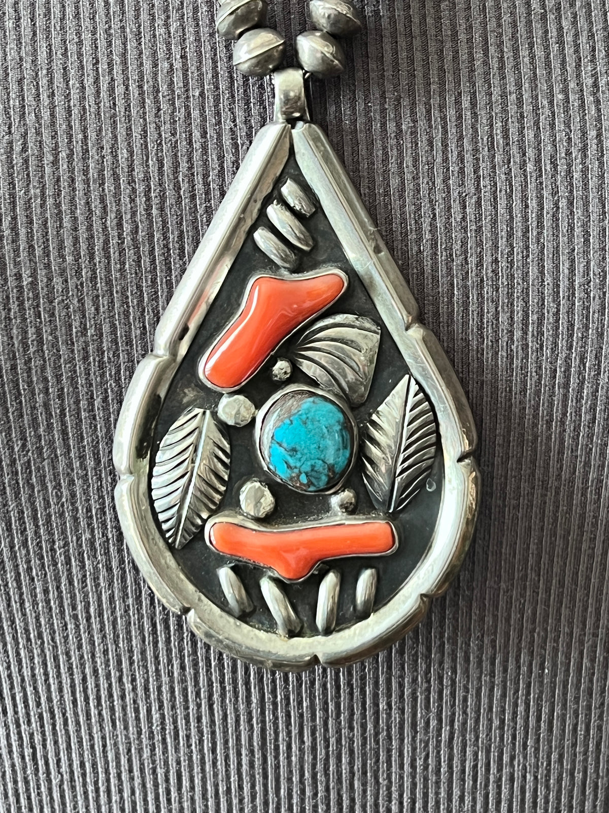 Estate Collection Vintage Sterling Silver, Turquoise & Coral Appliqué Pendant with Beaded Necklace, Unsigned