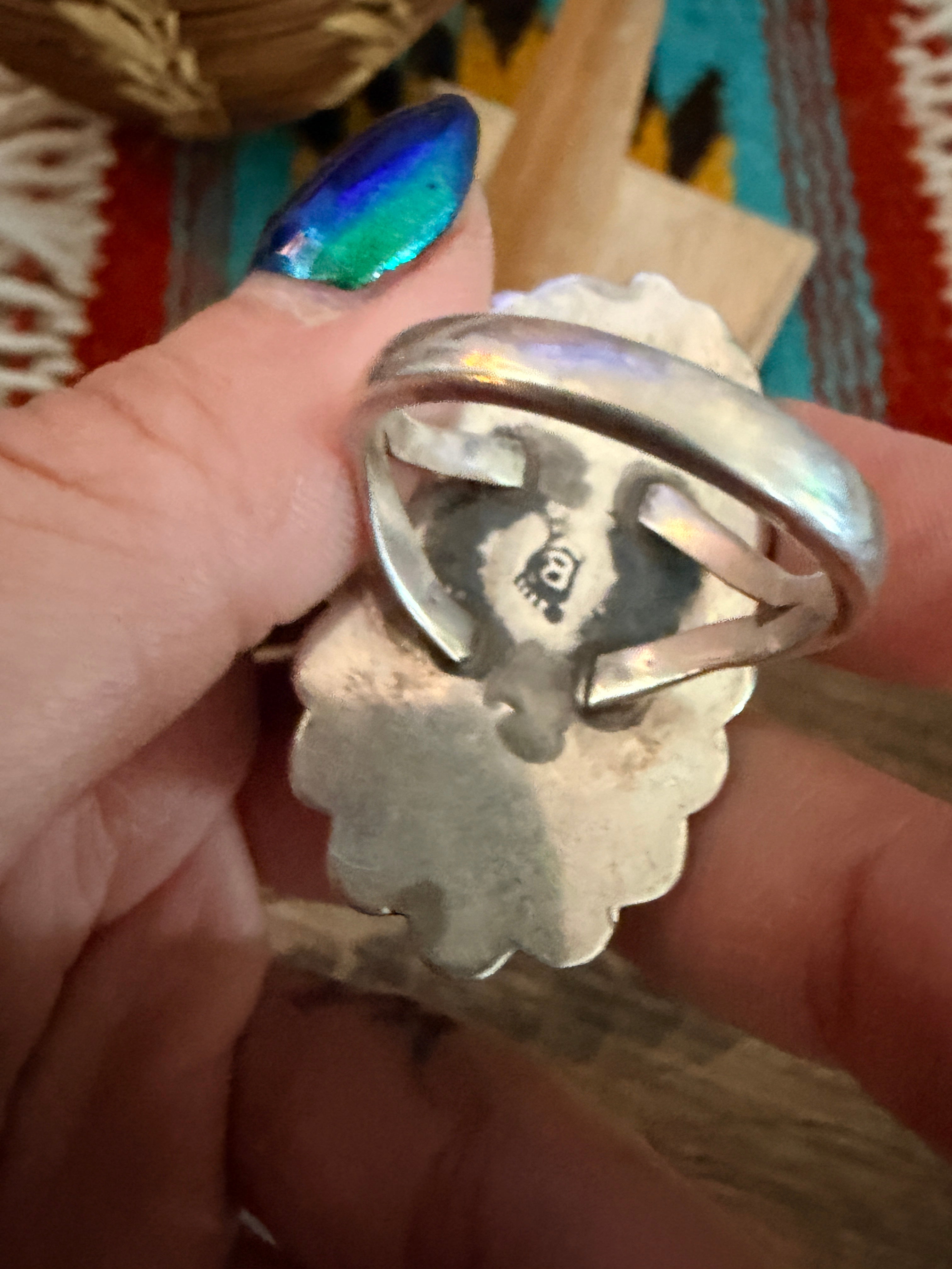Old Pawn Handcrafted Turquoise & Sterling Silver Ring Size 10.75