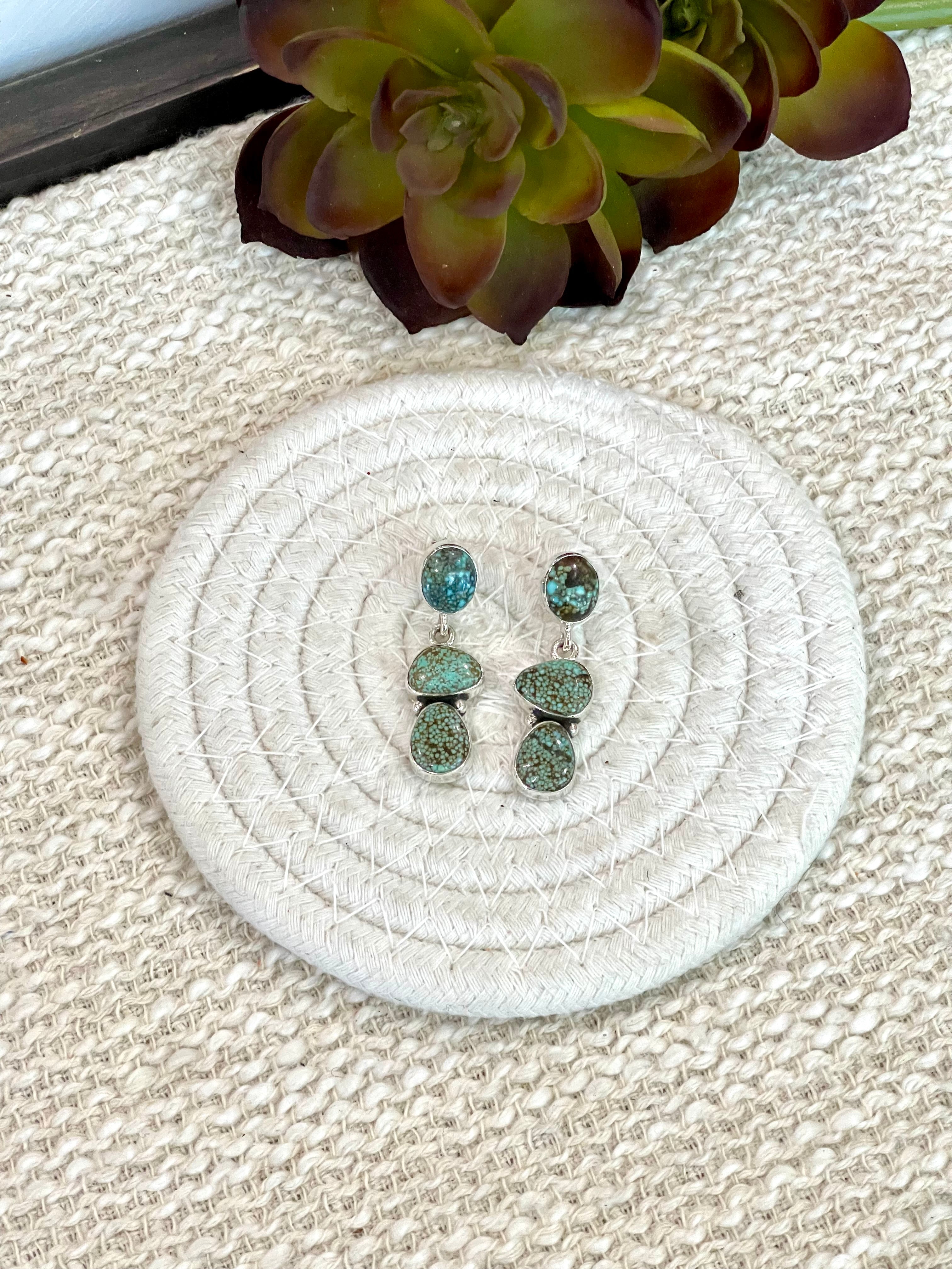 Handmade Sterling Silver Number 8 Turquoise Post Dangle Earrings with Signed Nizhoni