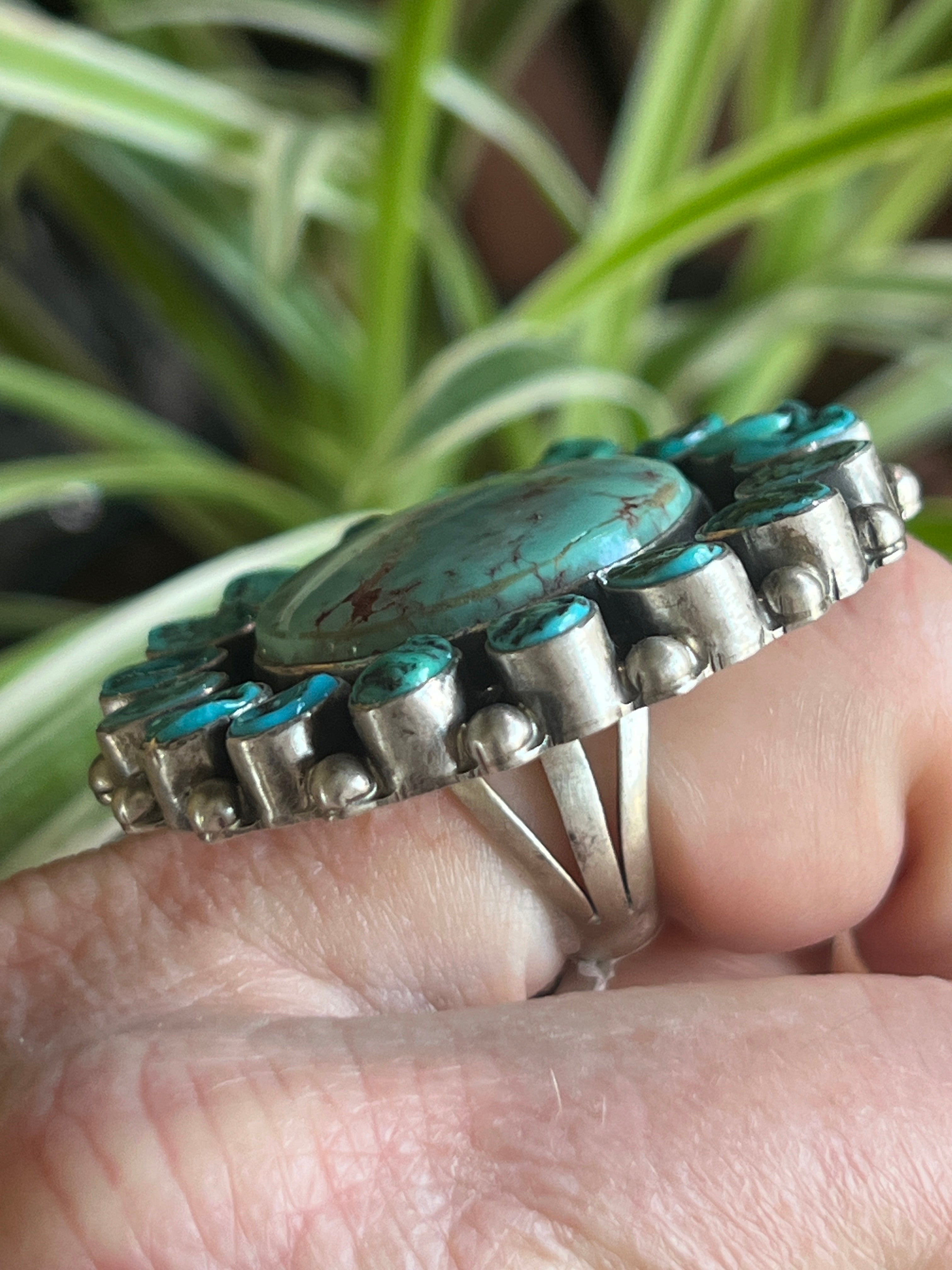Handcrafted Sterling Silver Around The World Kingman Cluster Ring by Blaine Yellowhorse, Size 7.5