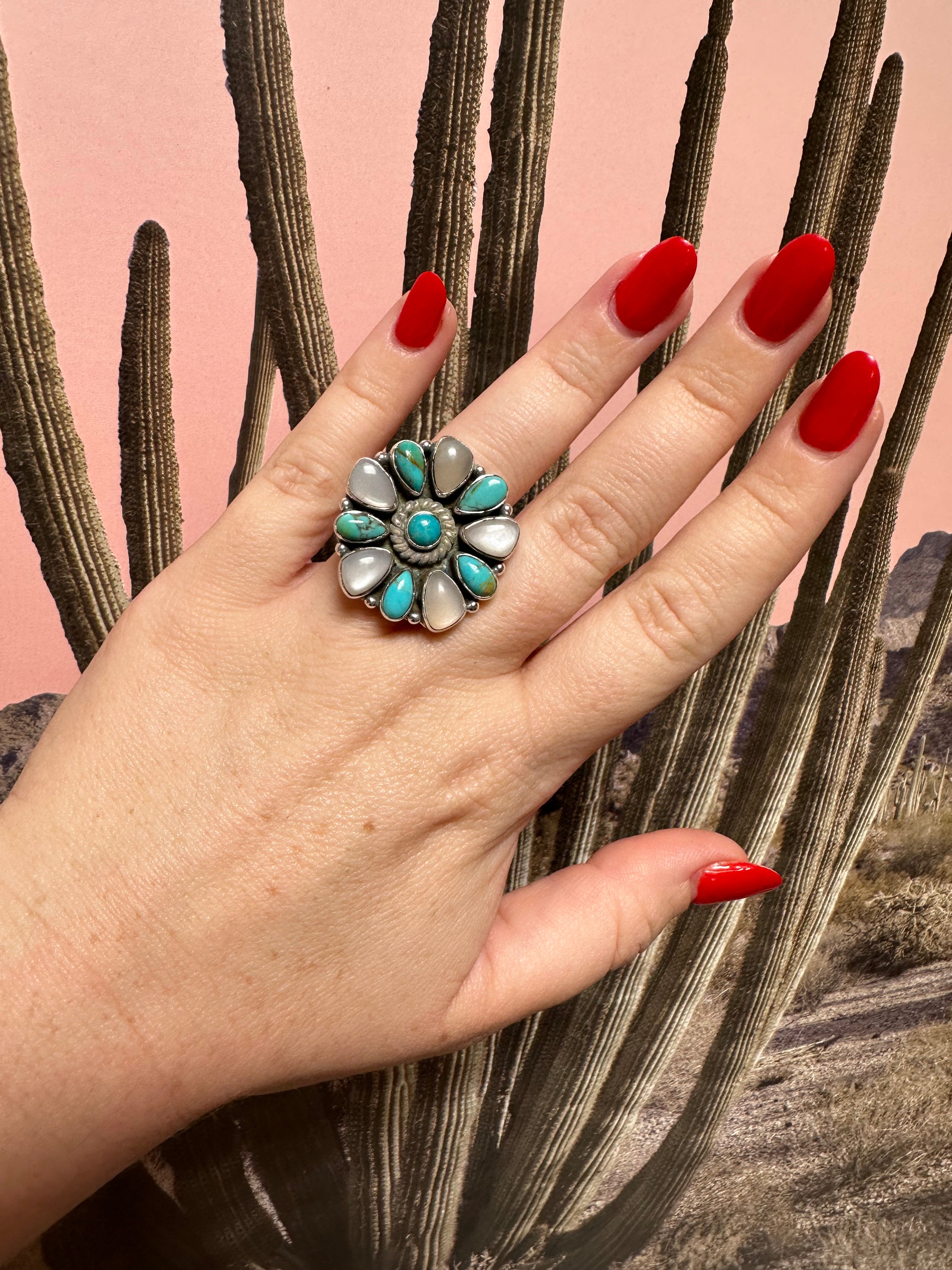 Beautiful Handmade Mother of Pearl, Turquoise And Sterling Silver Adjustable Cluster Ring