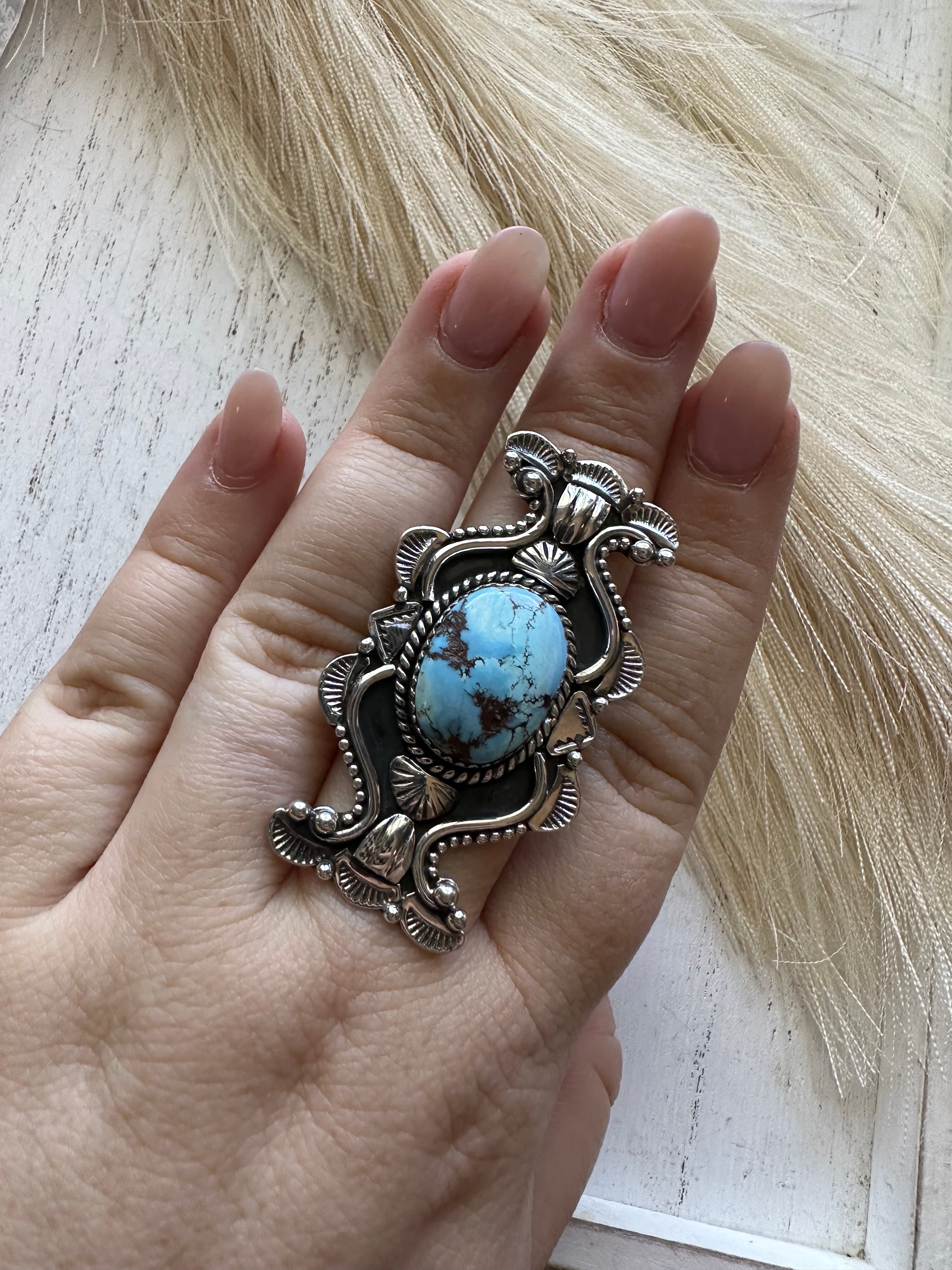 “The Statement Ring” Handmade Sterling Silver & Golden Hills Turquoise Adjustable Ring Signed Nizhoni