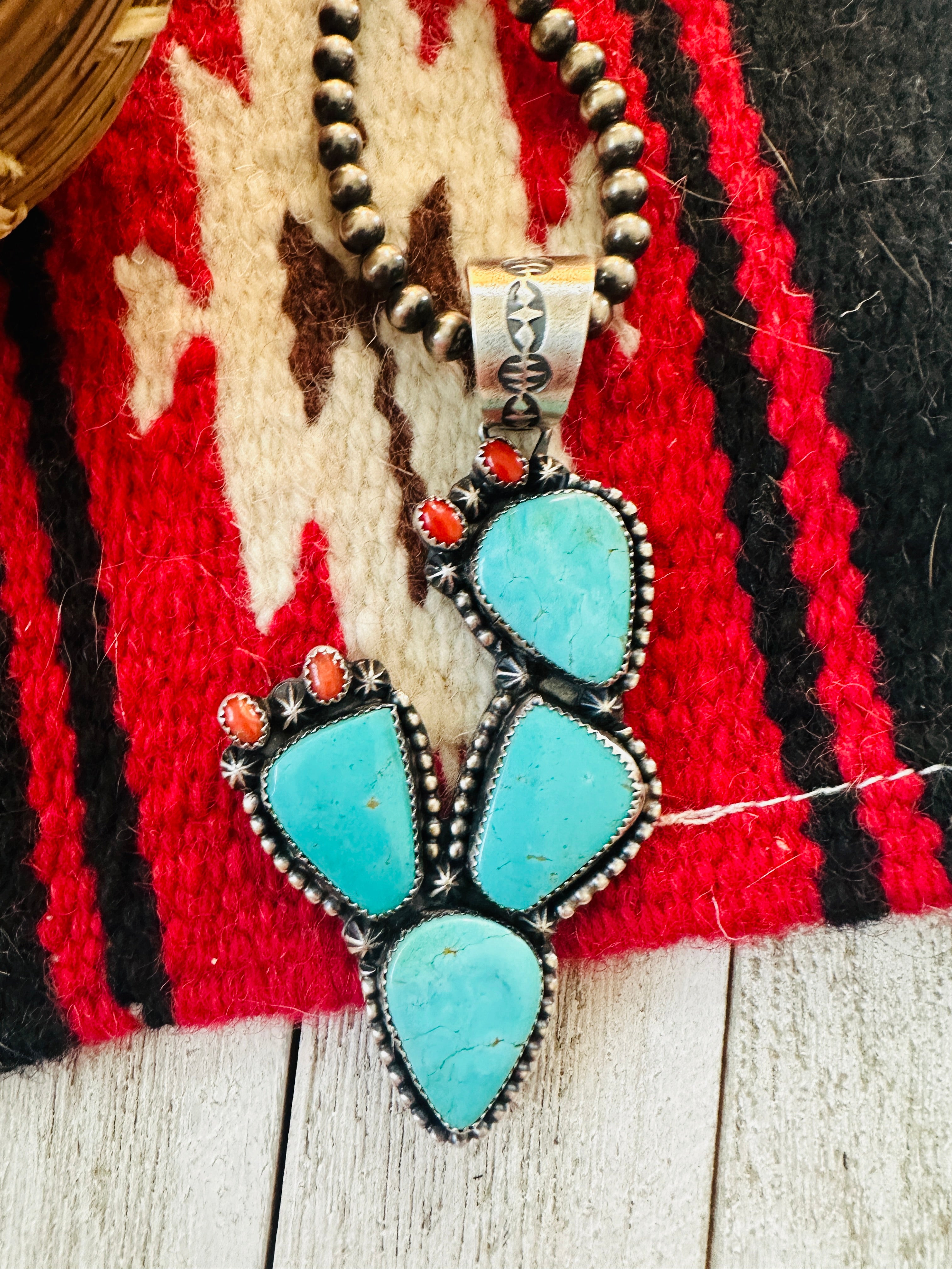 Navajo Turquoise, Coral and Sterling Silver Cactus Pendant