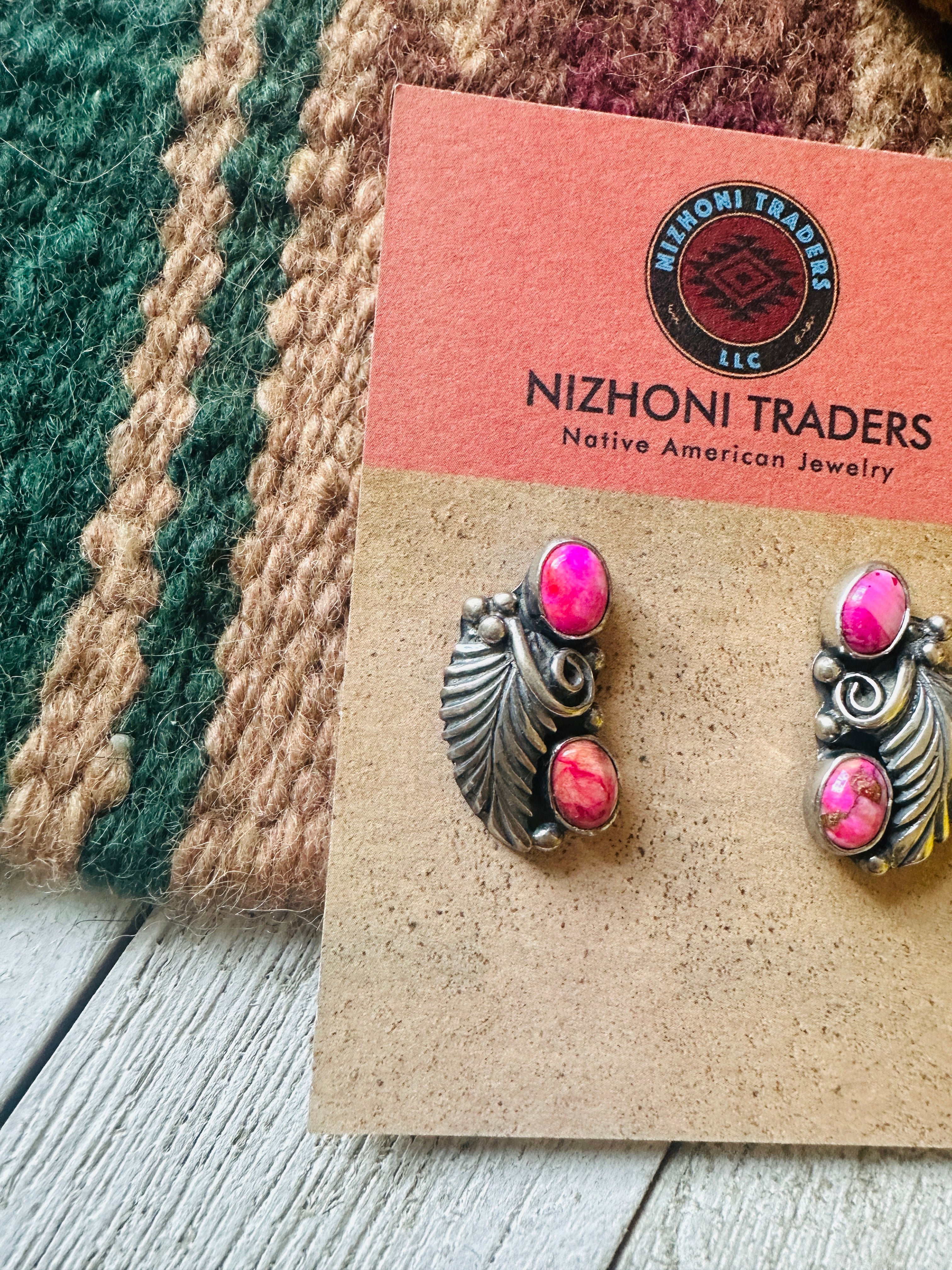 Navajo Sterling Silver & Pink Mojave Post Dangle Earrings