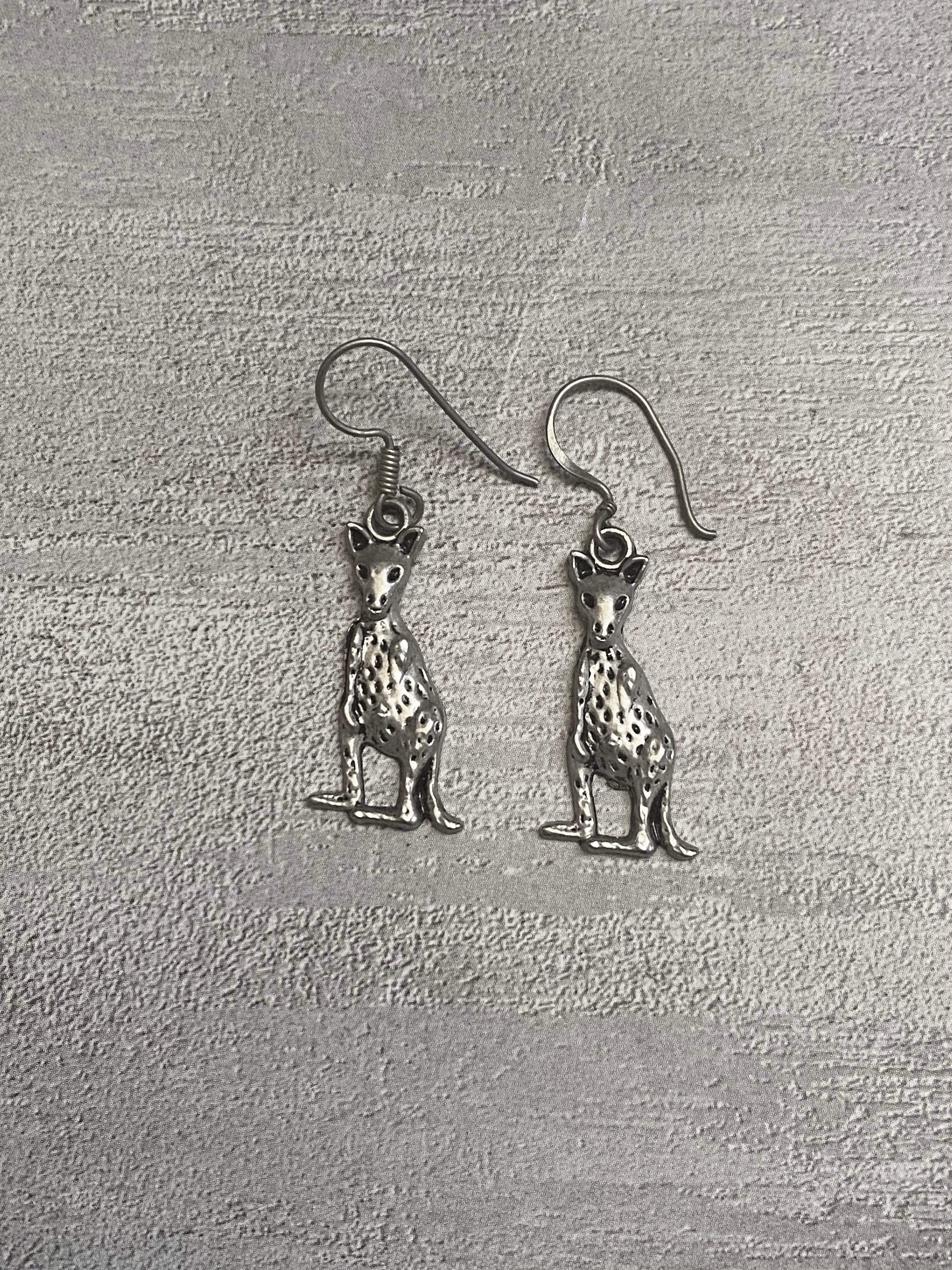 Sterling Silver Bastet Egyptian Cat Dangle Earrings