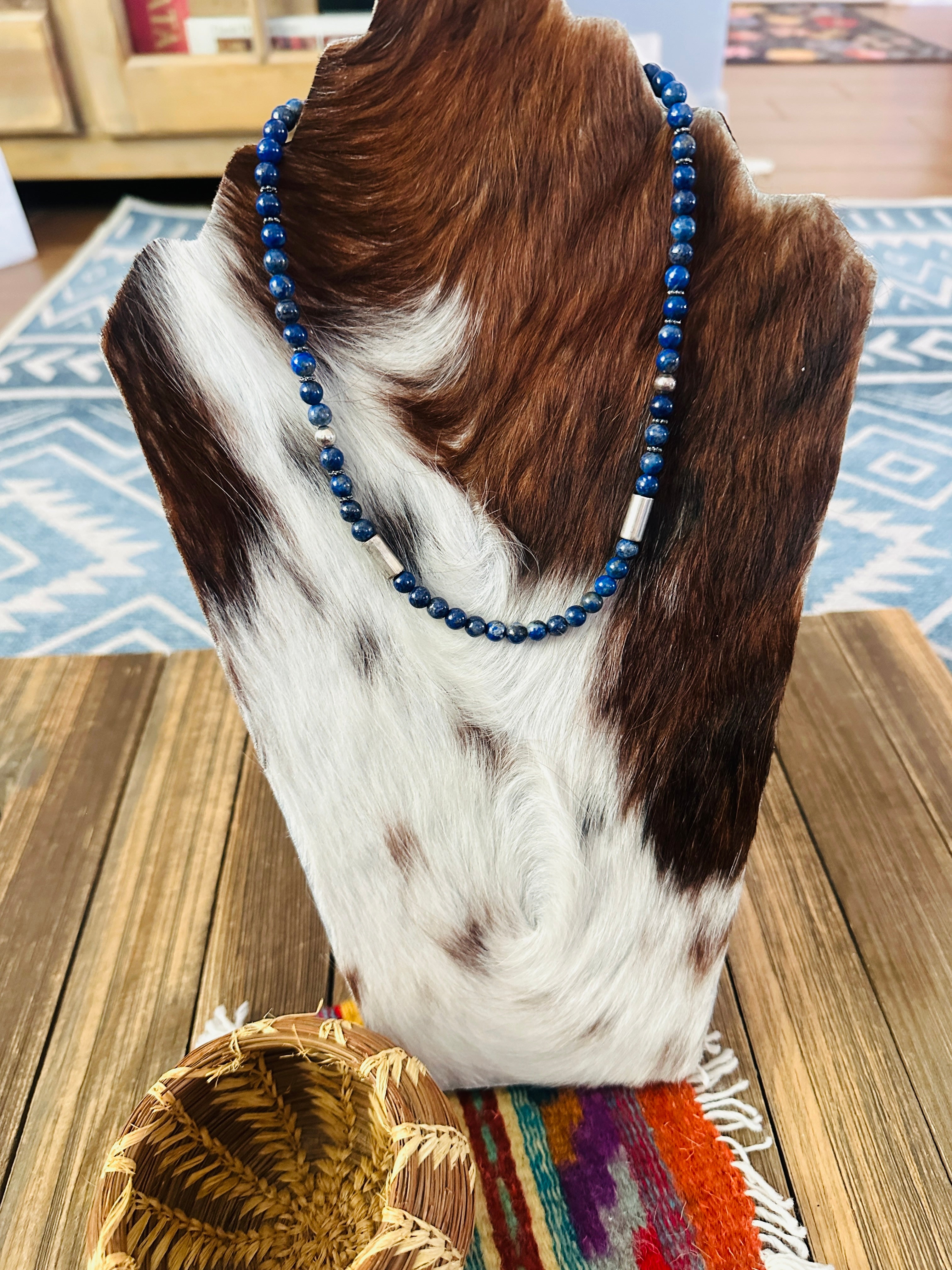 Handcrafted Lapis & Sterling Silver Beaded 18” Necklace by T & R Singer