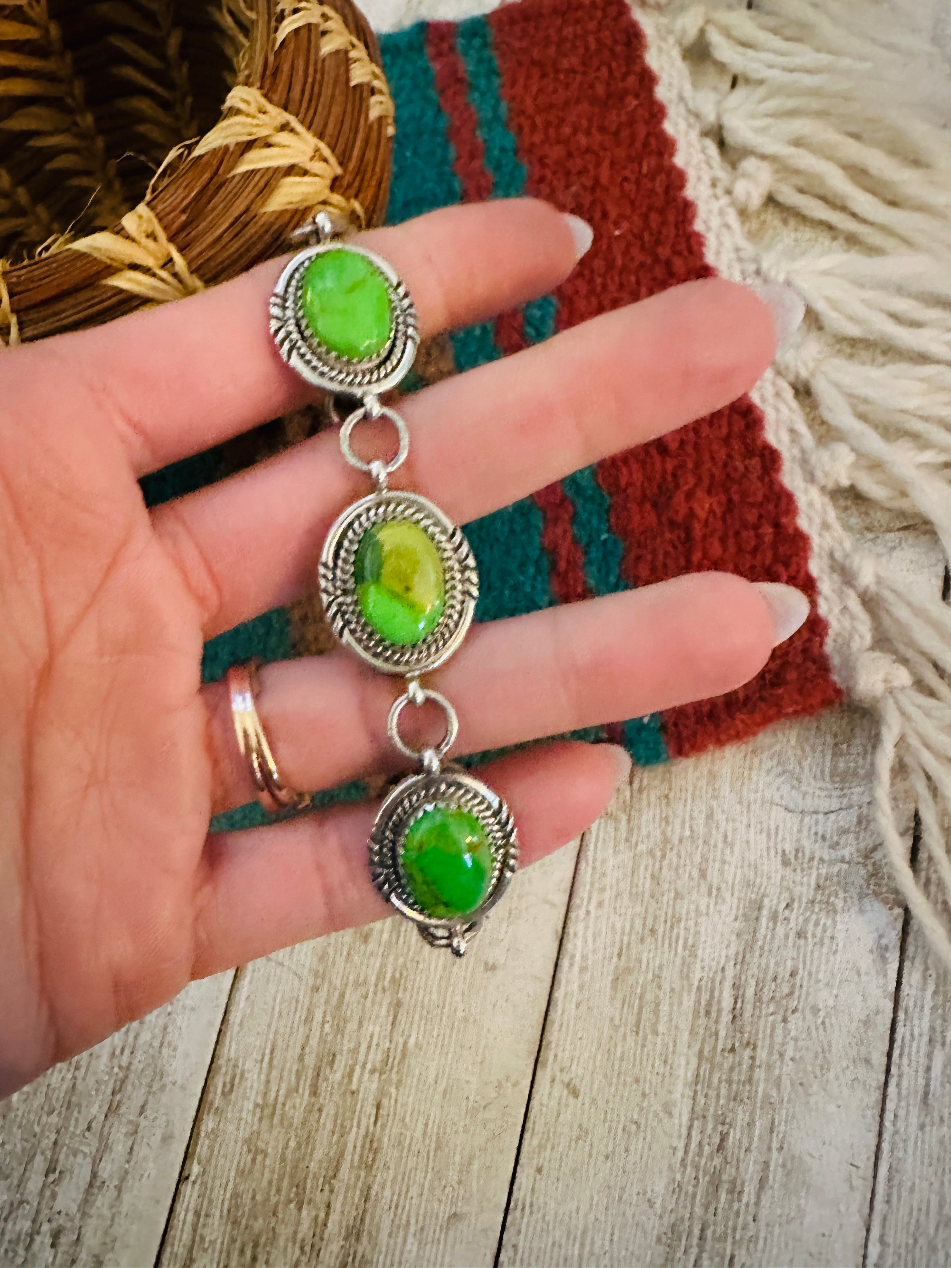 Handcrafted Green Kingman Turquoise & Sterling Silver Link Bracelet