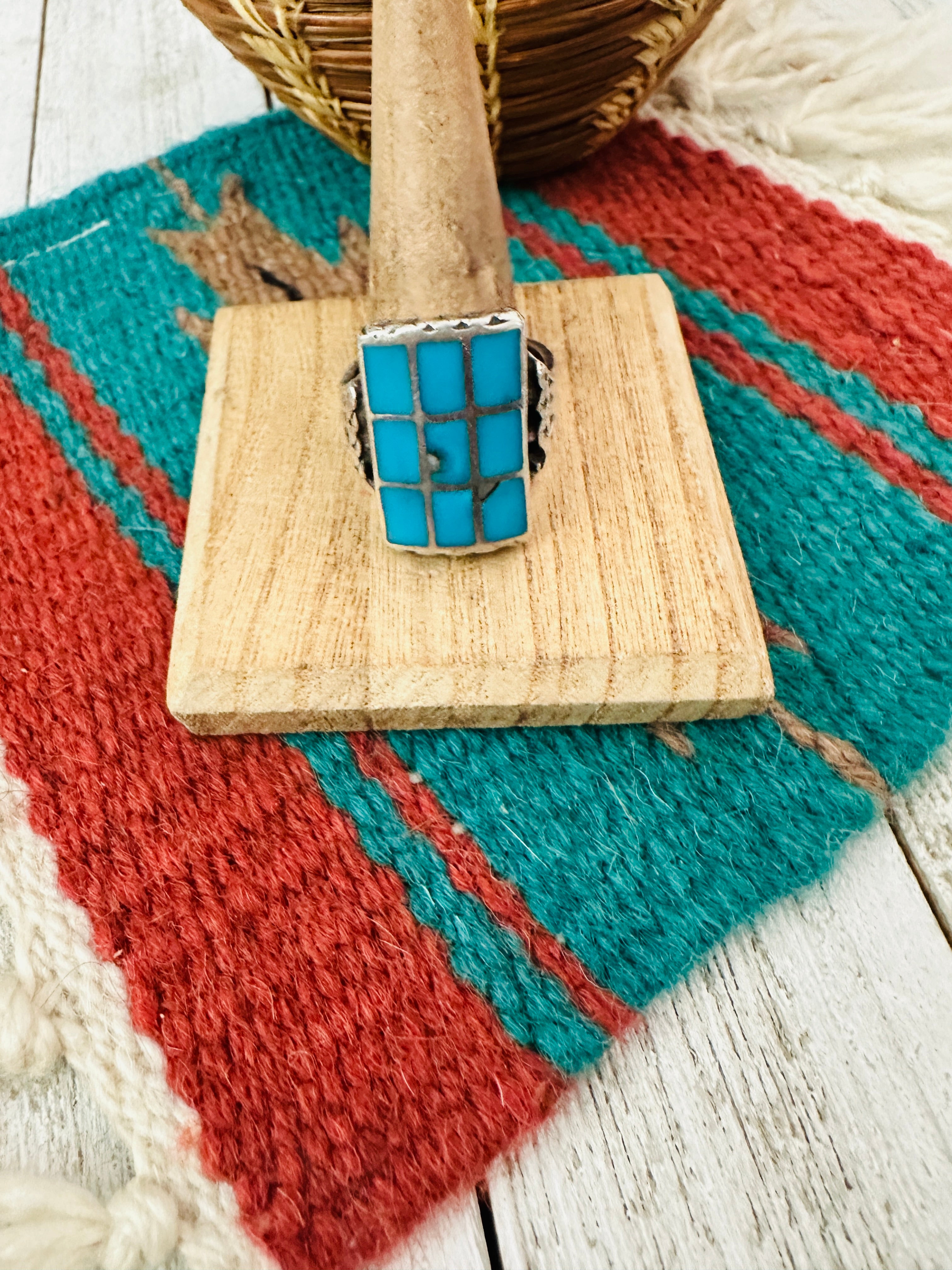 Old Pawn Vintage Navajo Sterling Silver & Turquoise Inlay Ring Size 12.5