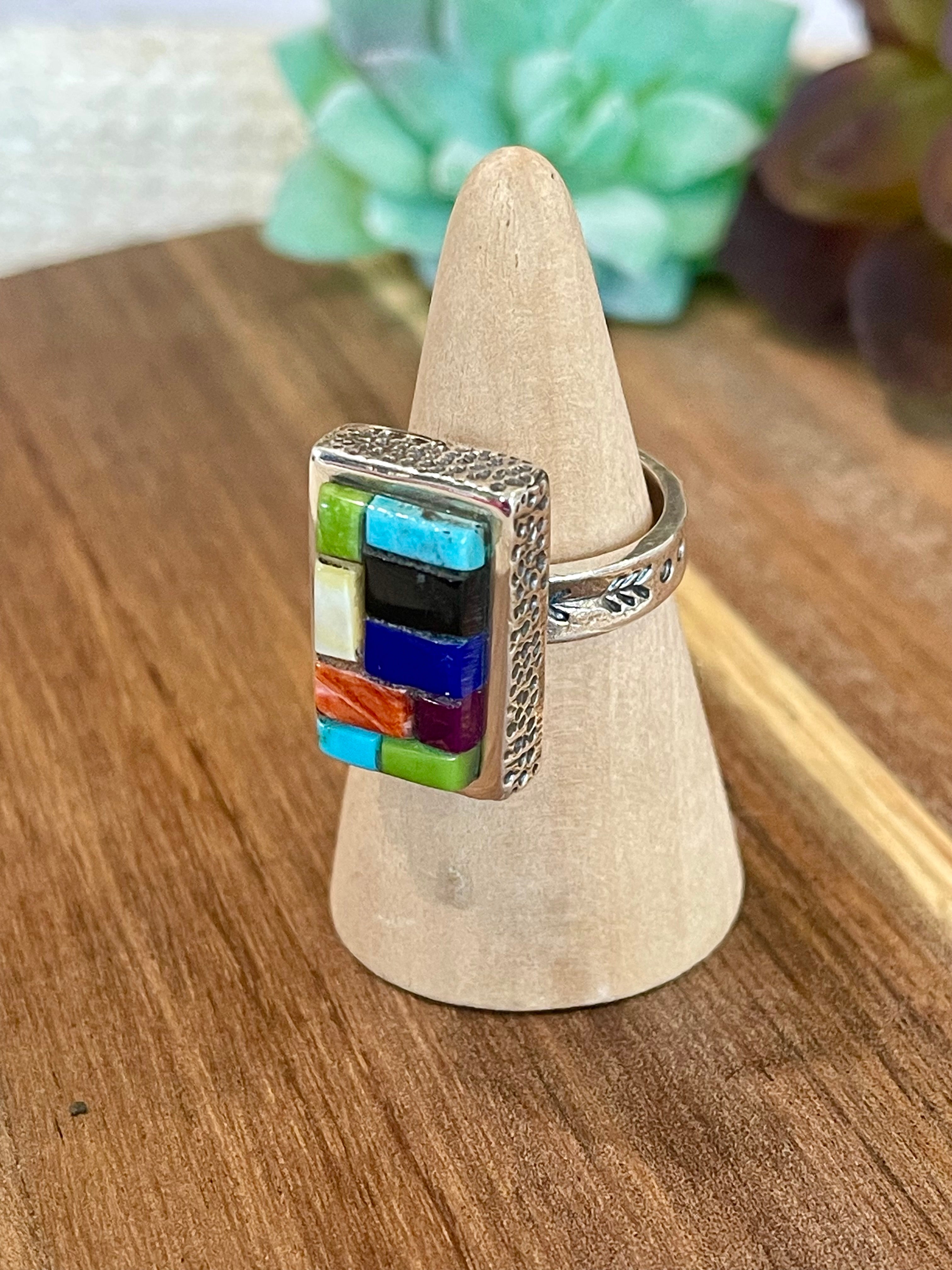 Handmade Sterling Silver & Multi Stone Inlay Ring Size 8