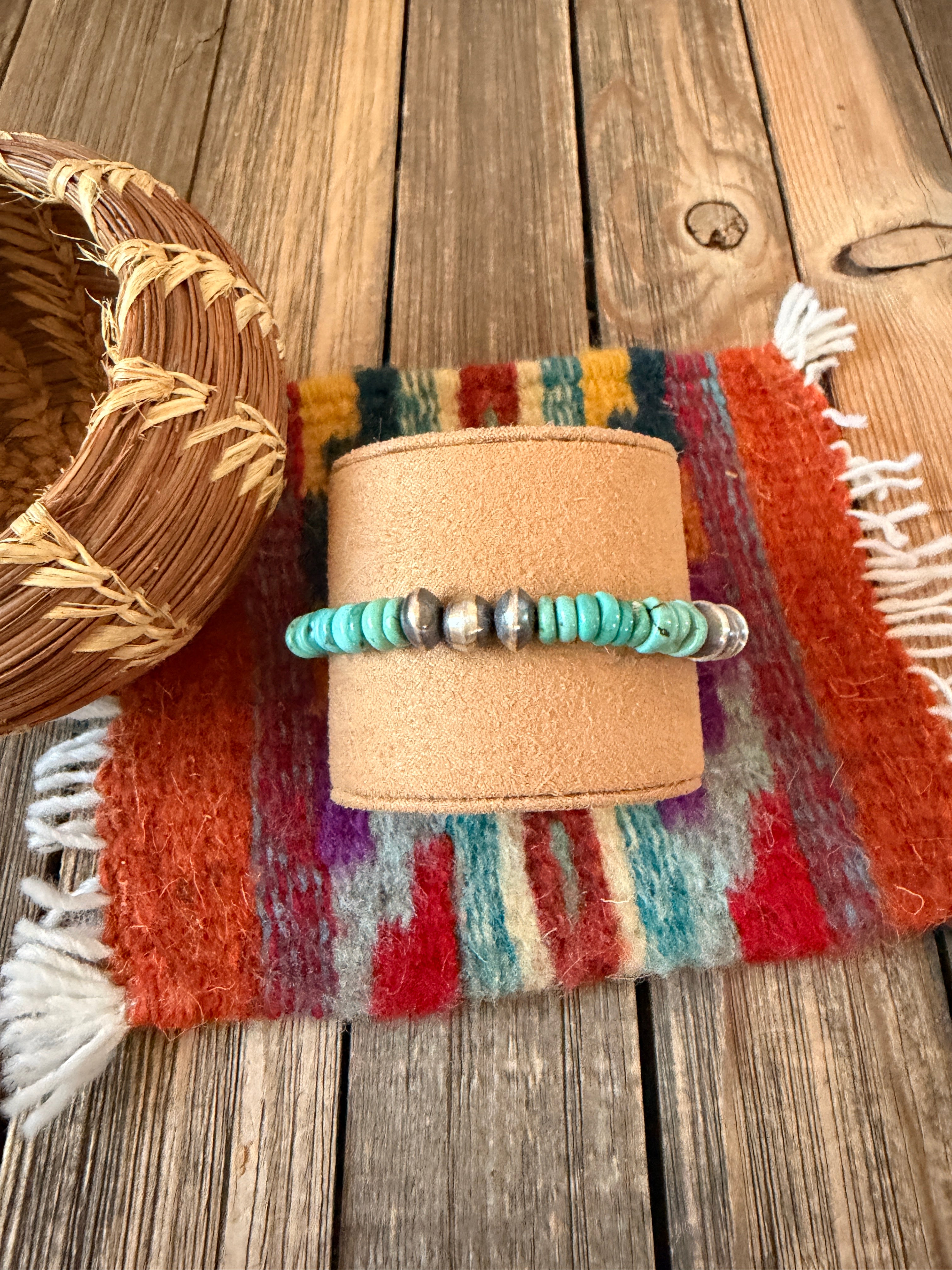Handcrafted Turquoise & Sterling Silver Beaded Stretch Bracelet