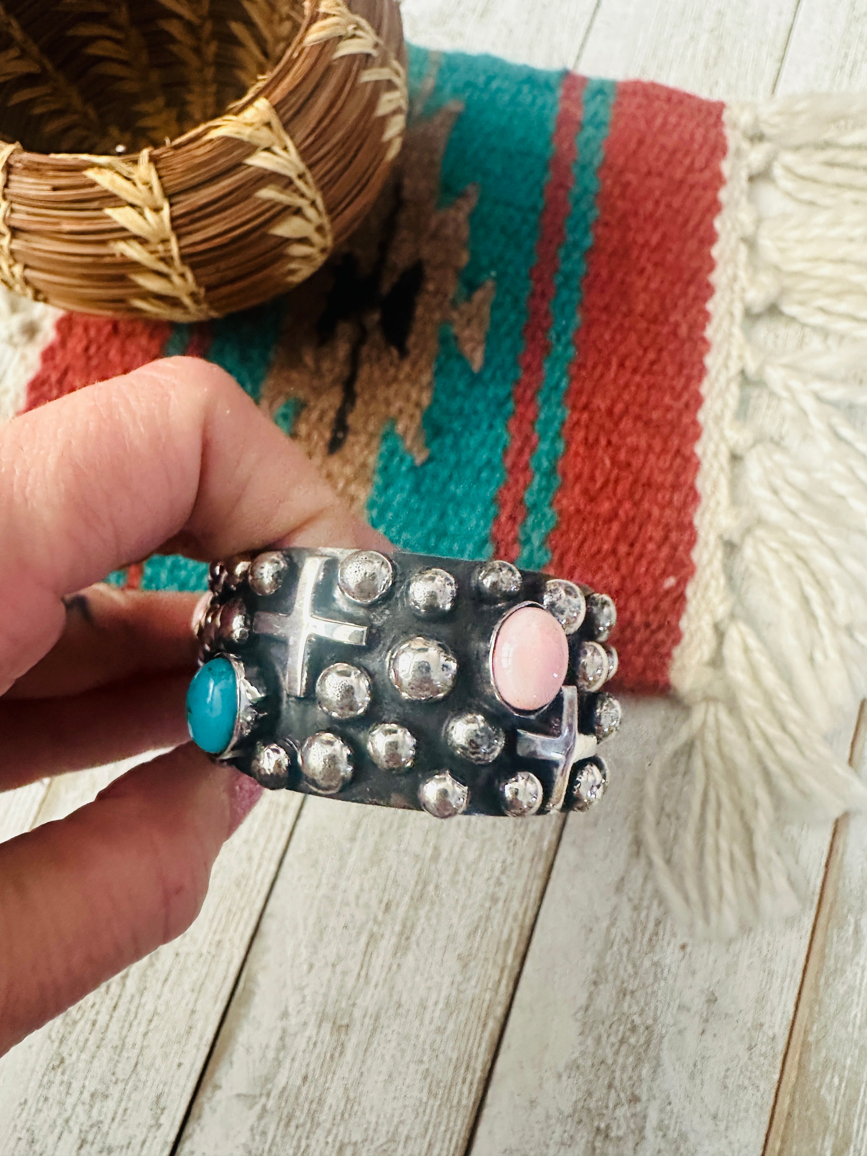 Navajo Turquoise, Queen Pink Conch & Sterling Silver Cross Cuff Bracelet By Chimney Butte